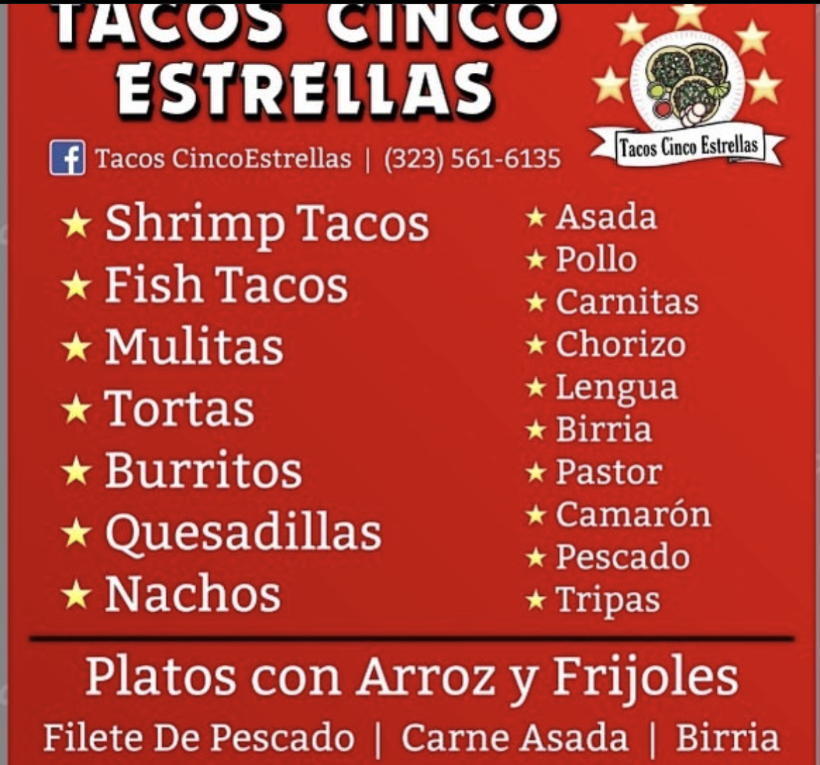 Tacos 5 estrellas Menu