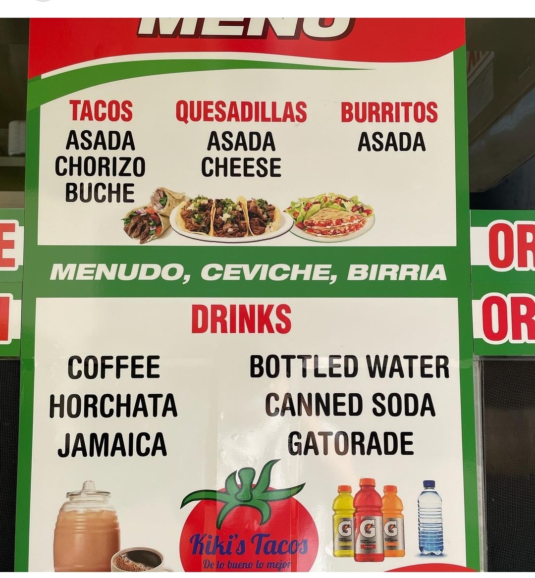 Kikis tacos food truck Menu