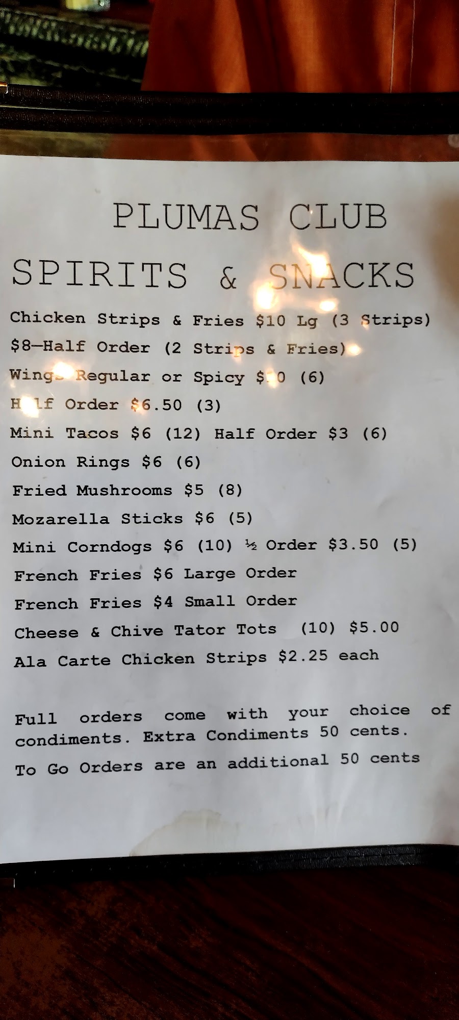 Plumas Club Menu