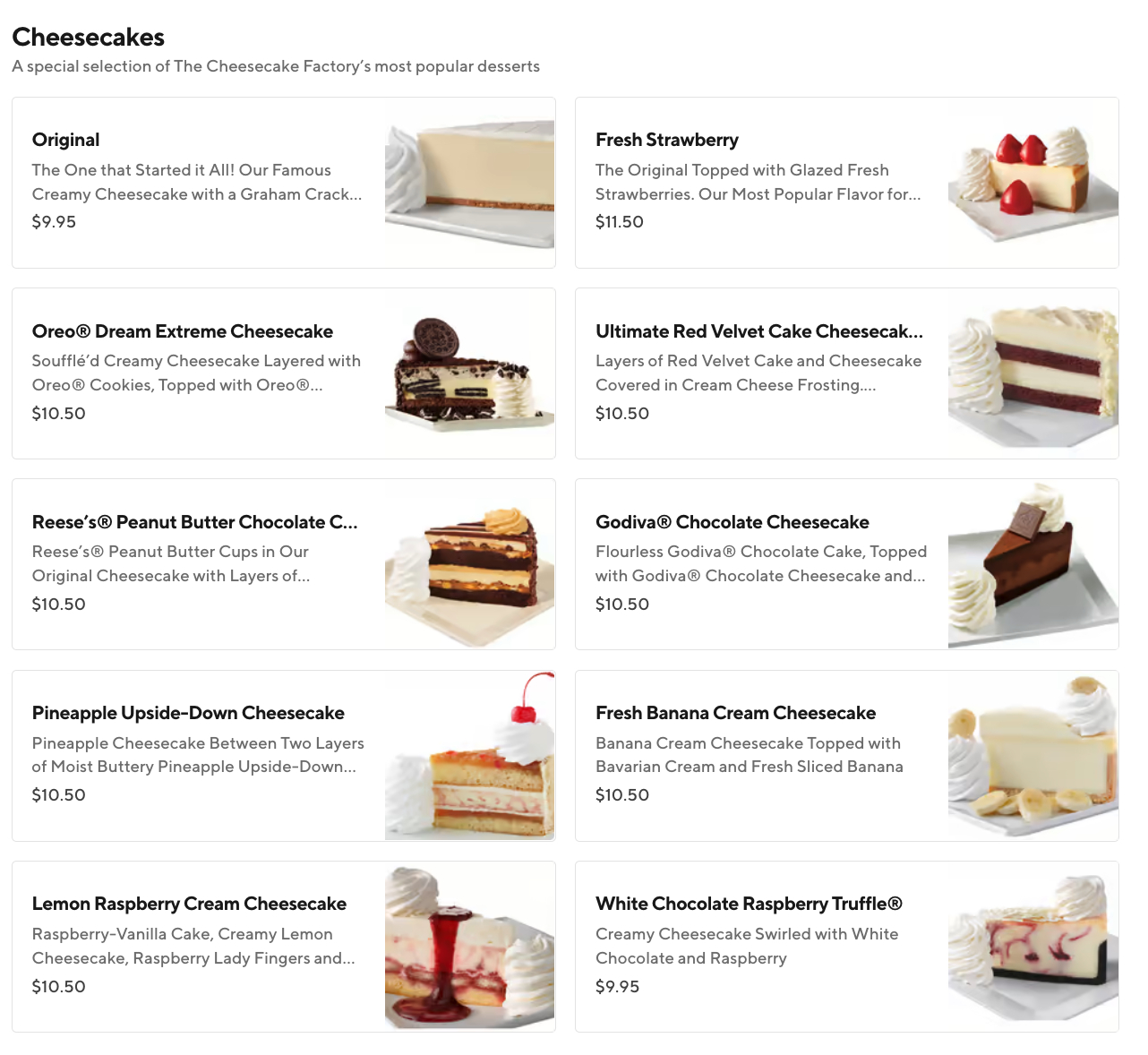 Famous Desserts by The Cheesecake Factory (Located in DoorDash Kitchens) Menu