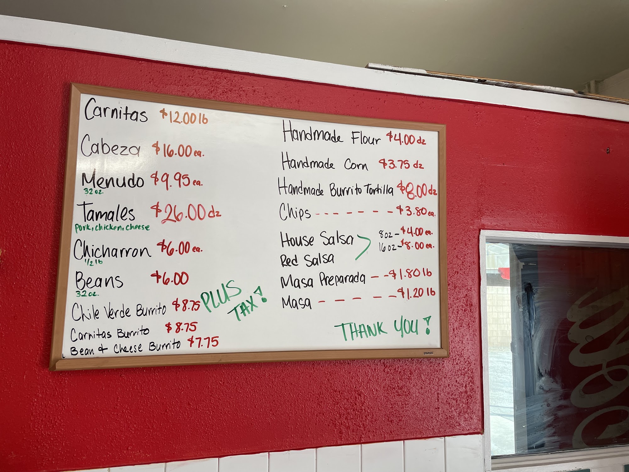 Tortilleria Factory Menu