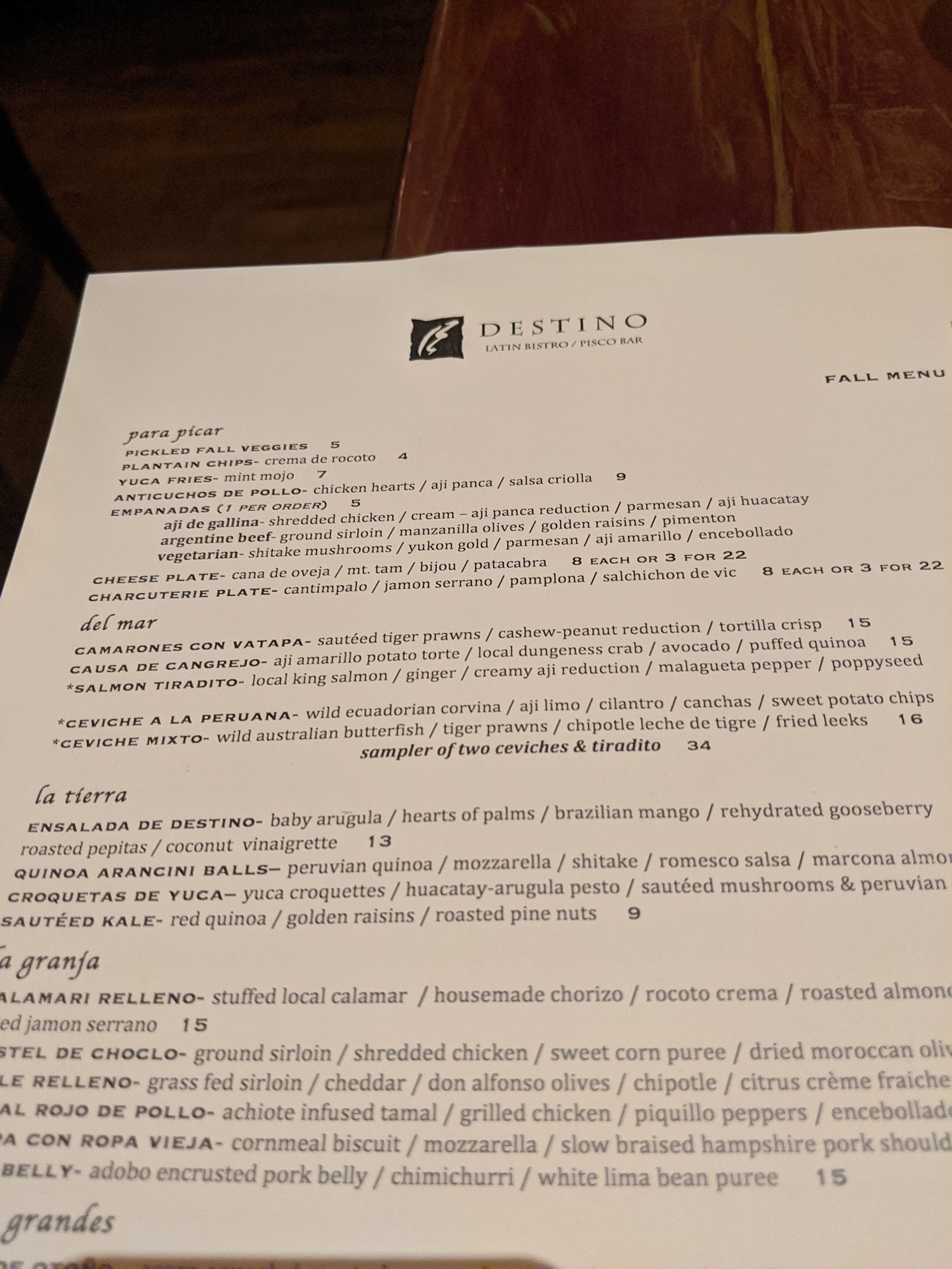 DESTINO Menu