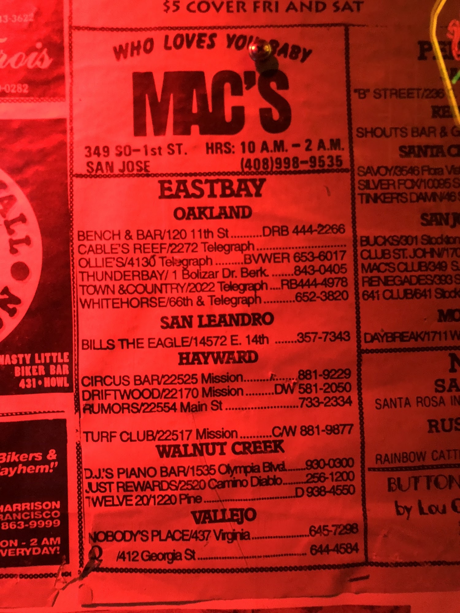 Hole In the Wall Saloon Menu