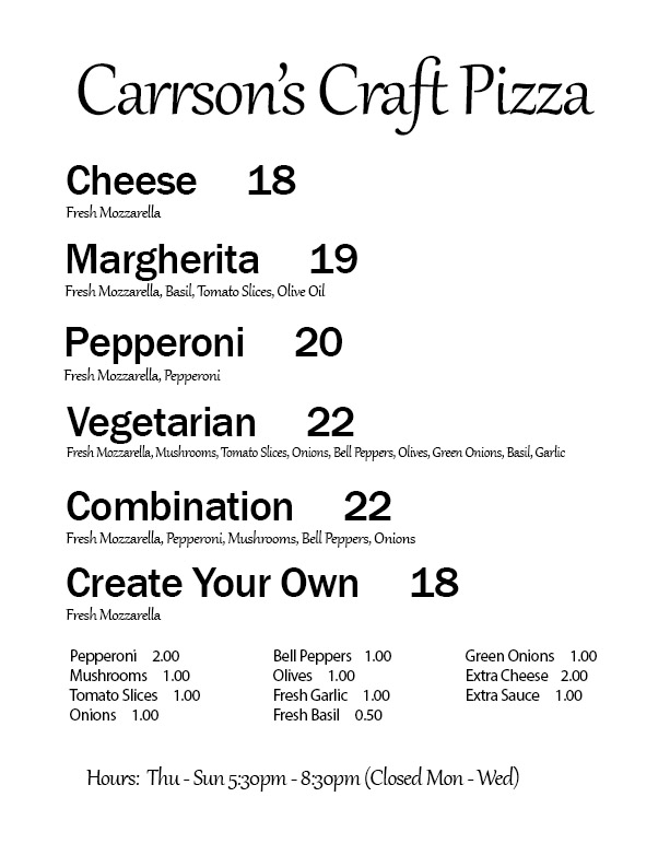 Carrson's Craft Pizza Menu