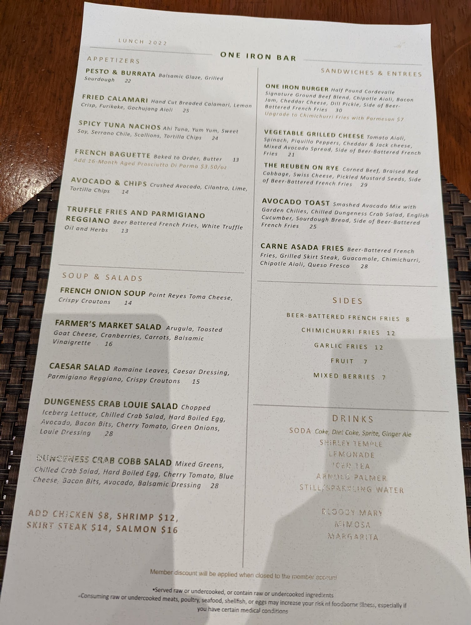One Iron Bar Menu