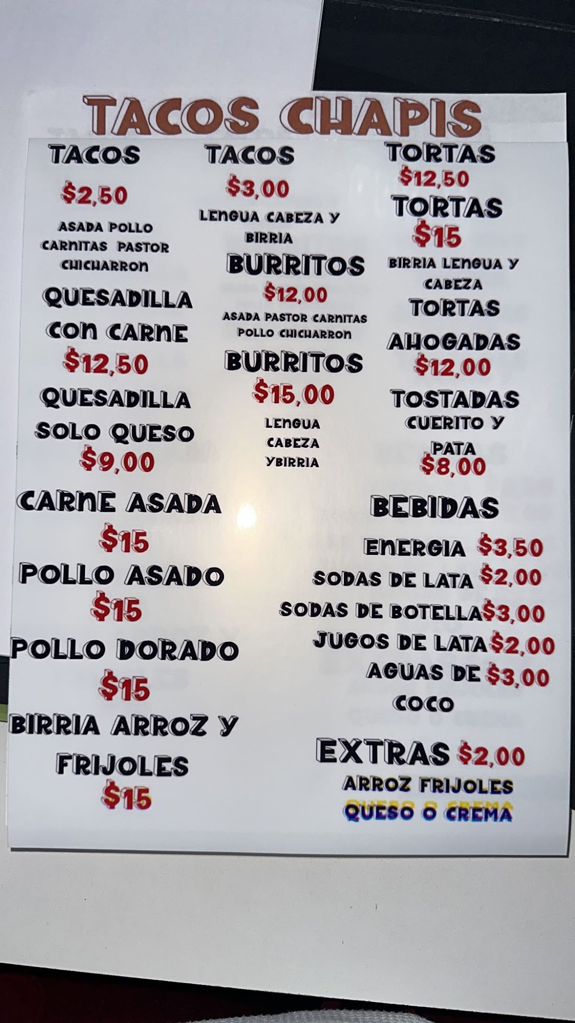 Tacos Chapis Menu