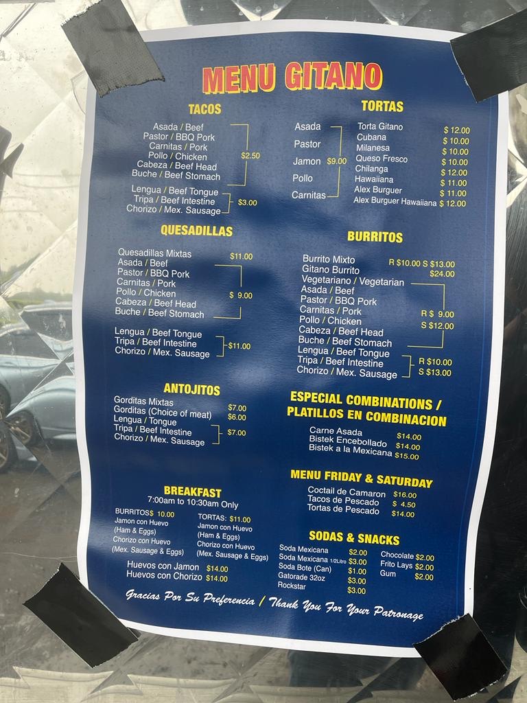 El Gitano Taco Truck Menu