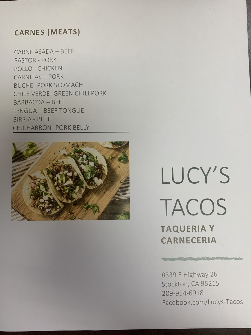 lucys Tacos Menu