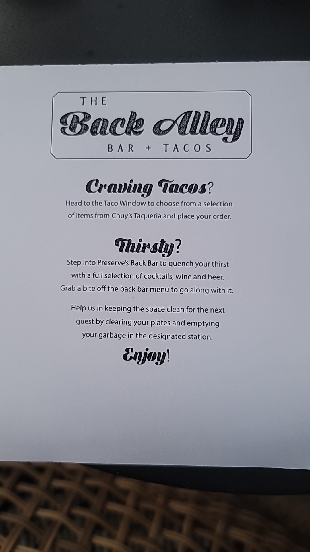 The Back Alley Menu