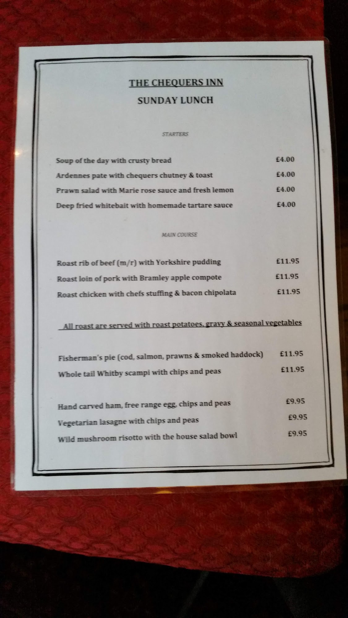 The Chequers Inn & Restaurant Menu