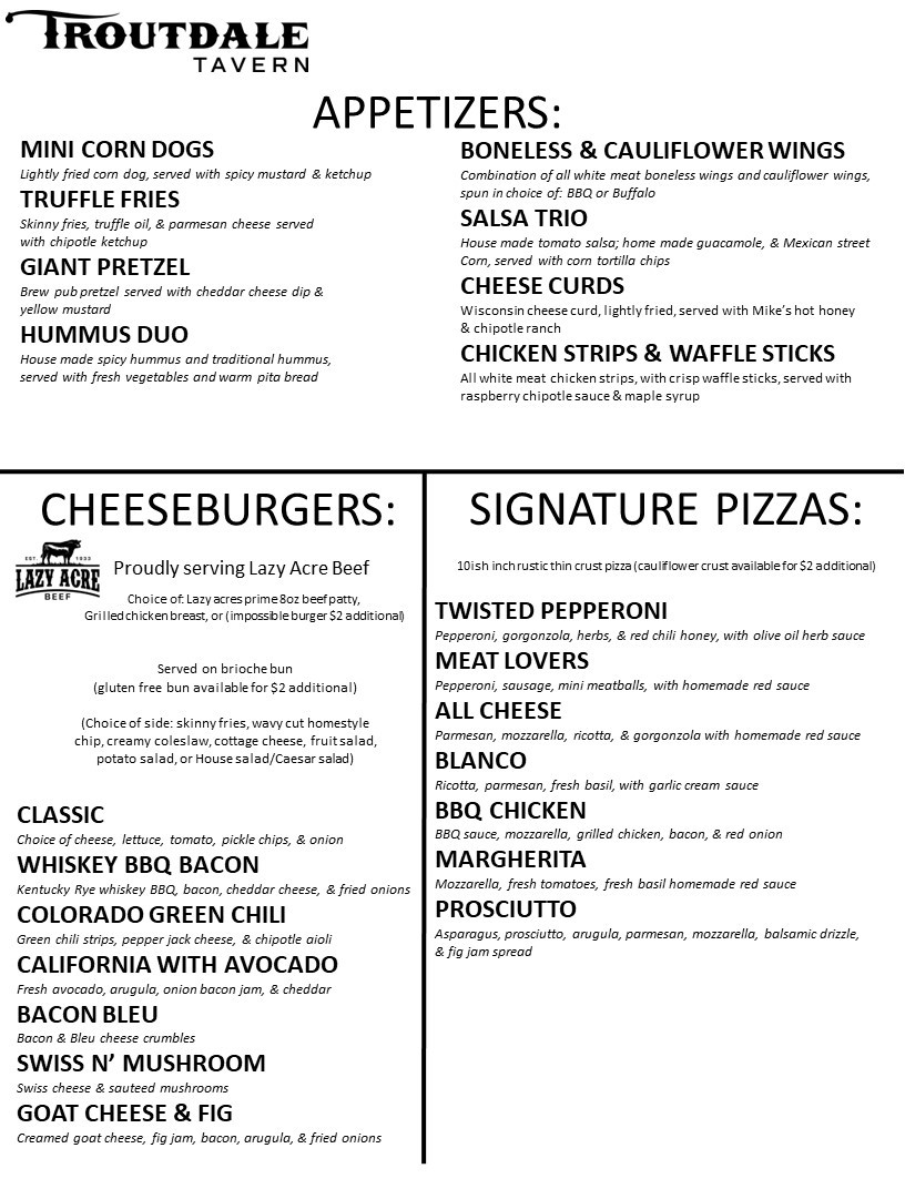 Troutdale Restaurant & Tavern Menu