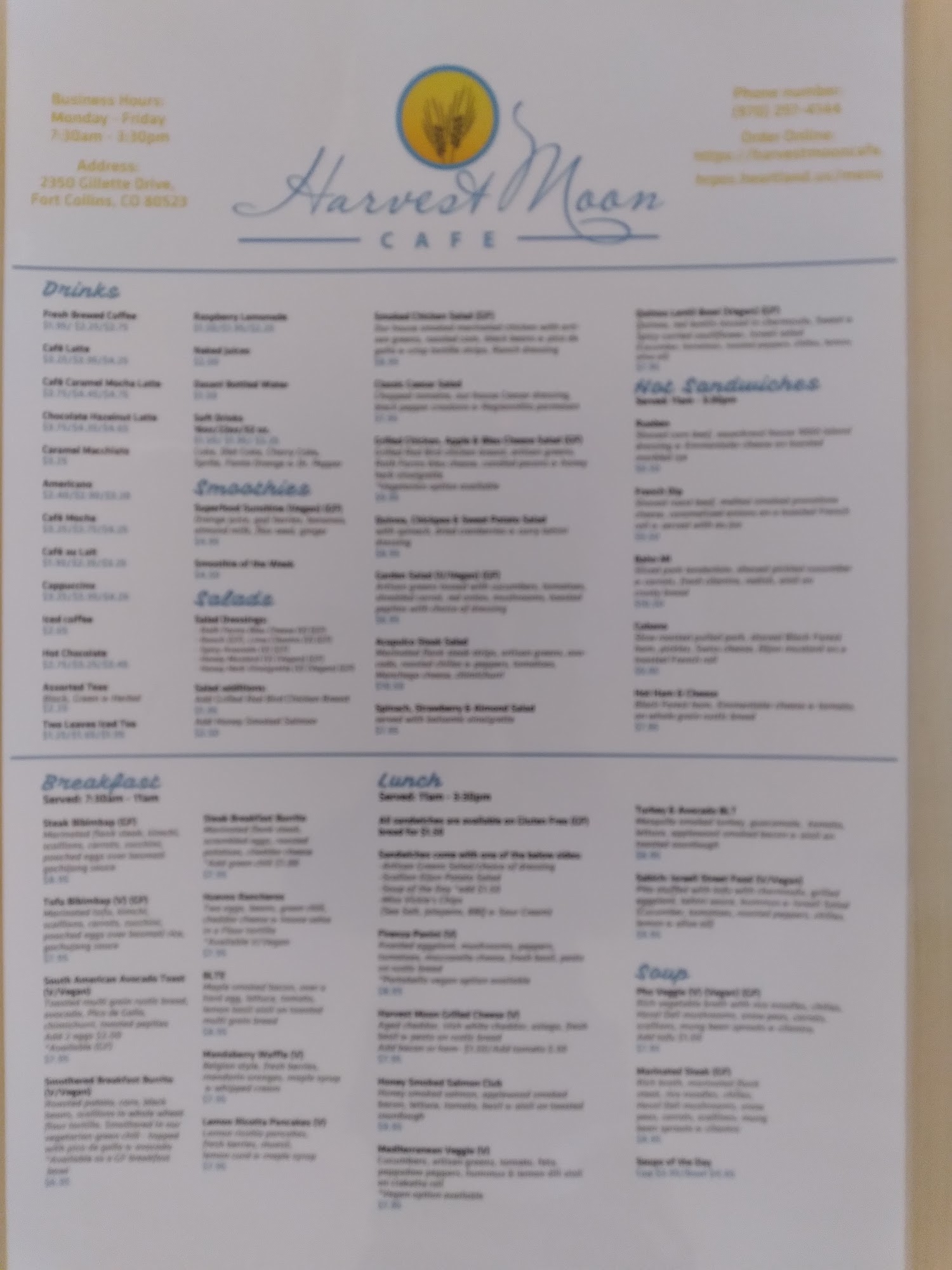 Harvest Moon Cafe Menu