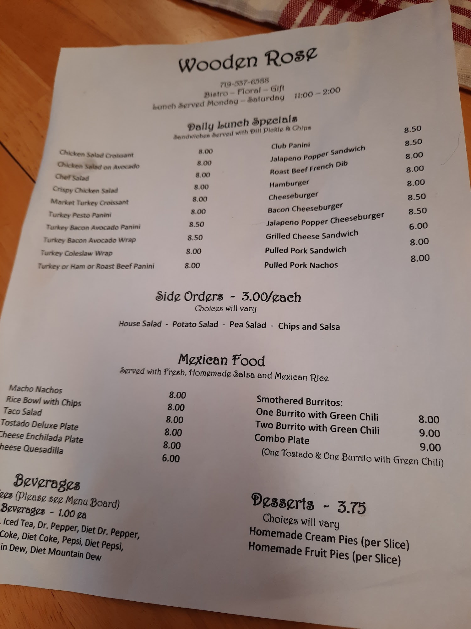 Wooden Rose Menu
