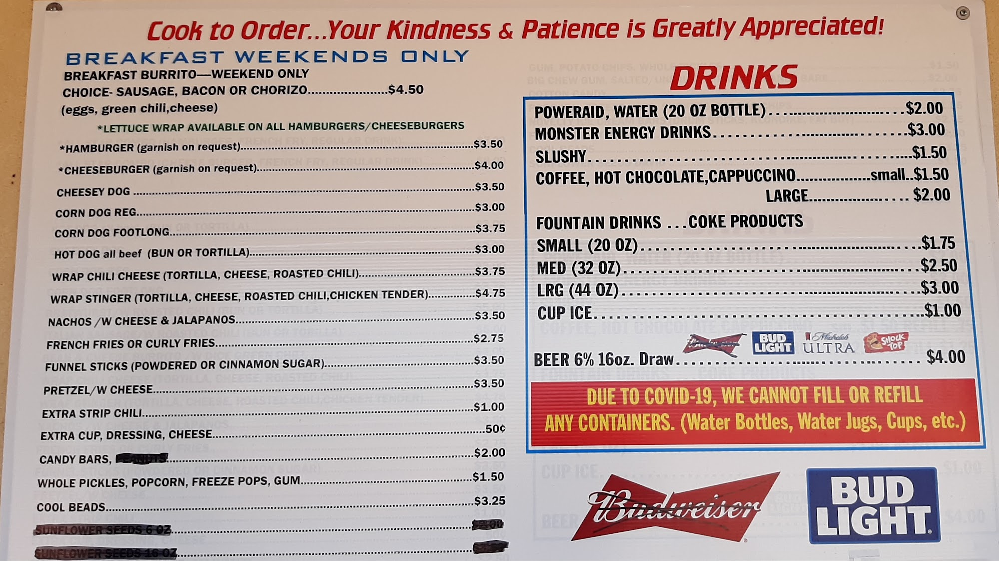 Bullpen Concessions at Runyon Sports Complex Menu
