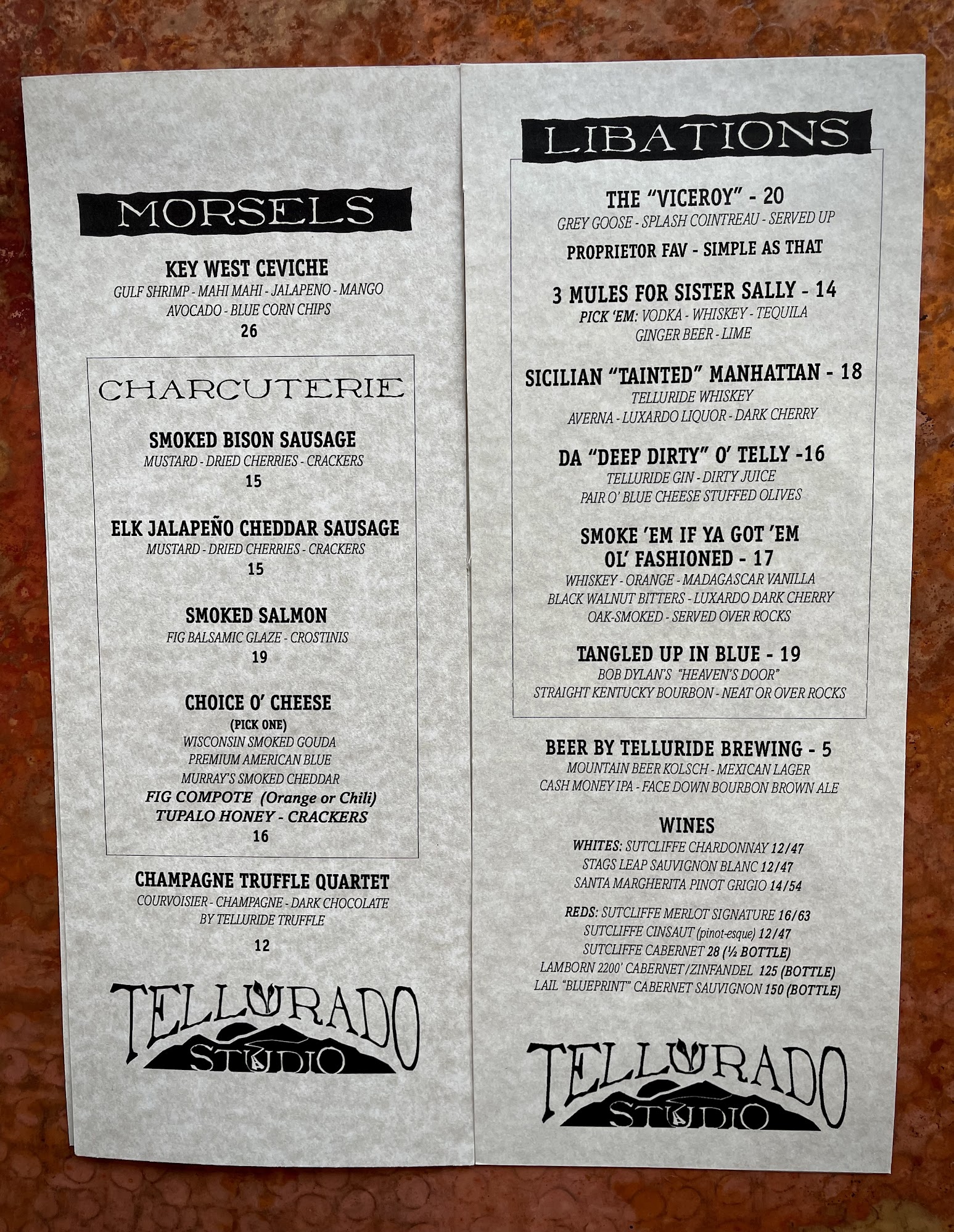 Tellurado Studio & Bistro Menu