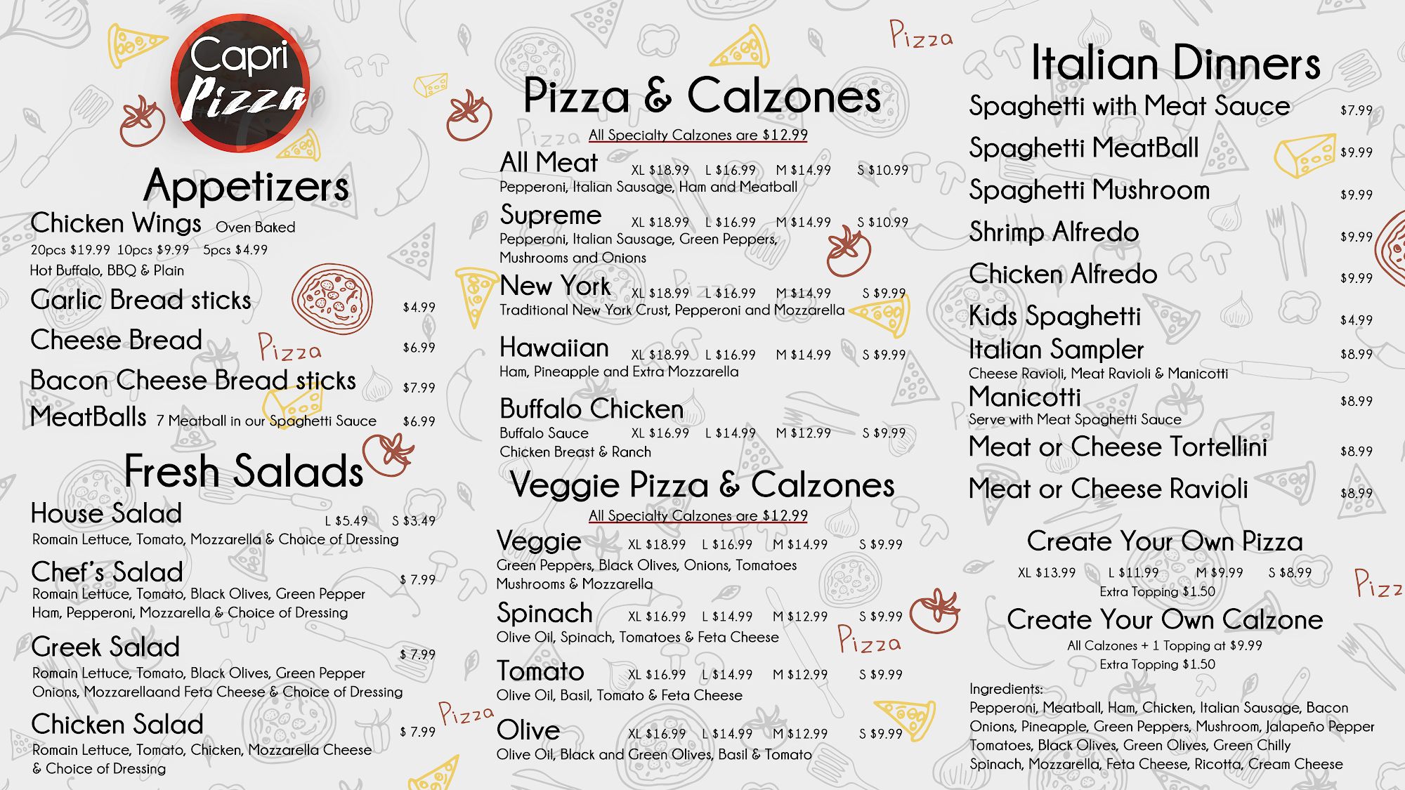 Capri Pizza Menu