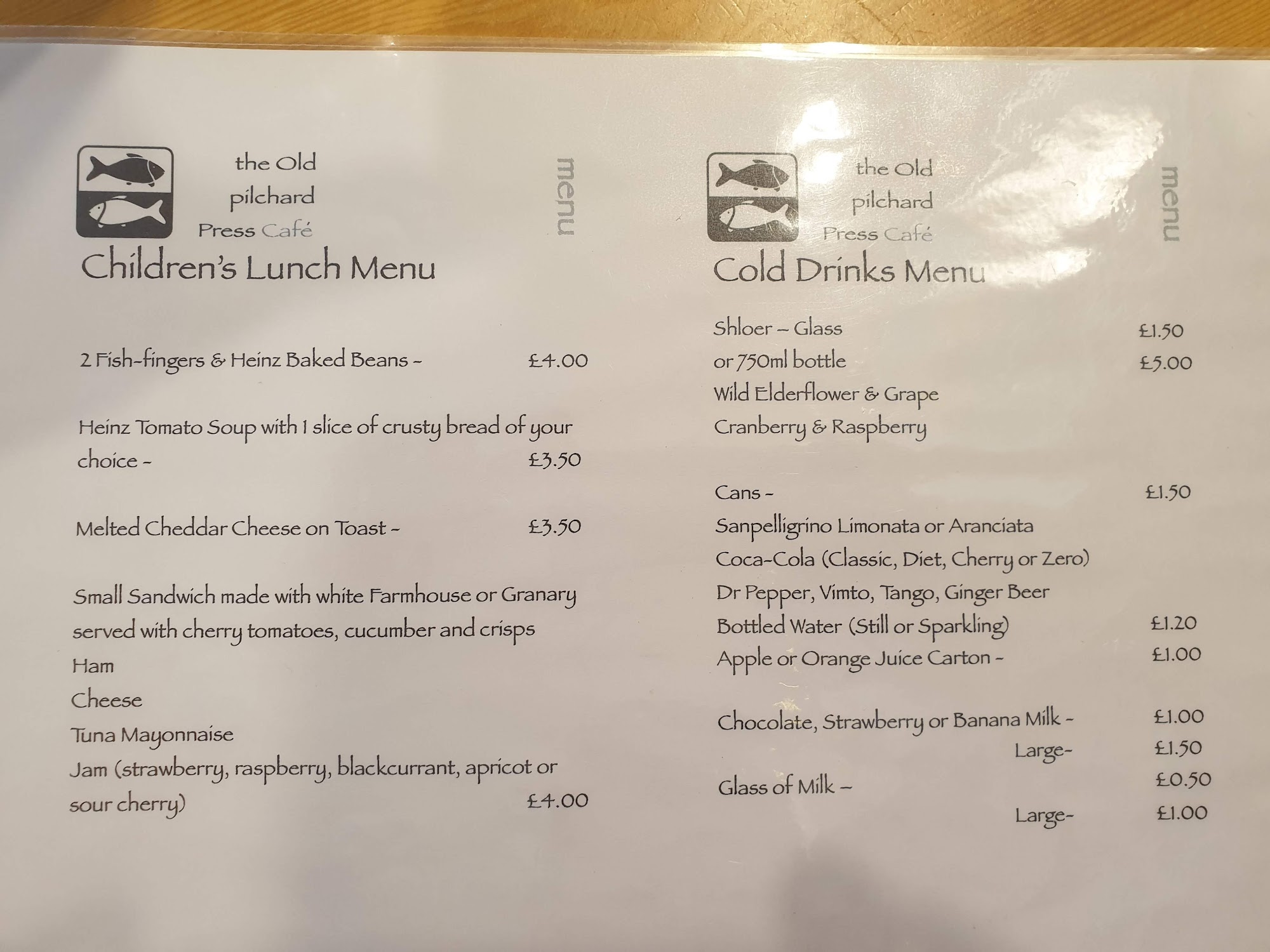 The Old Pilchard Press Cafe Menu