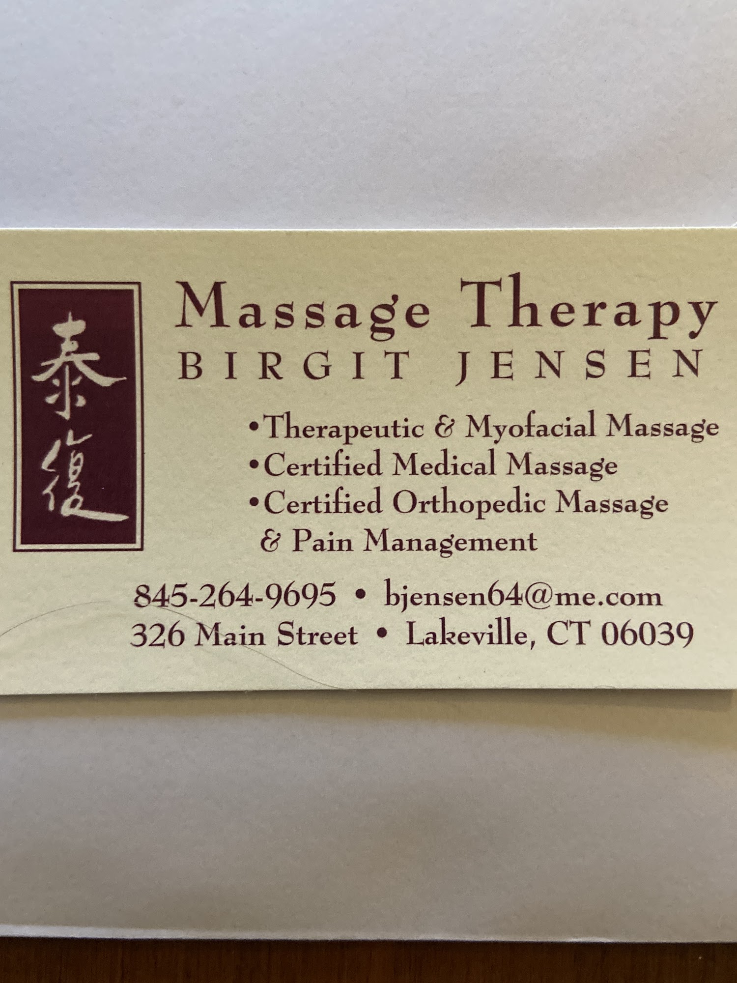 Birgit Jensen Massage Therapy 326 Main St, Lakeville Connecticut 06039