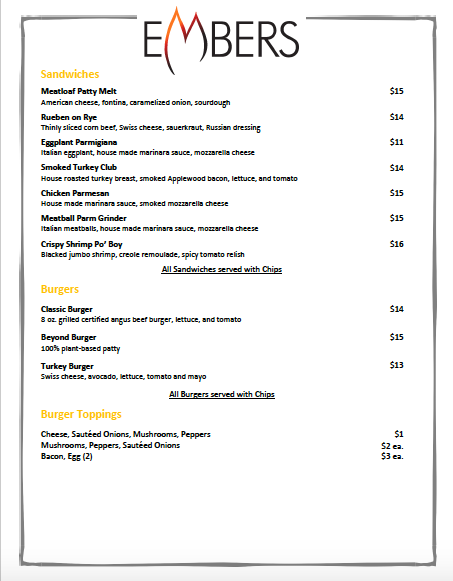 Embers Restaurant & Bar Menu