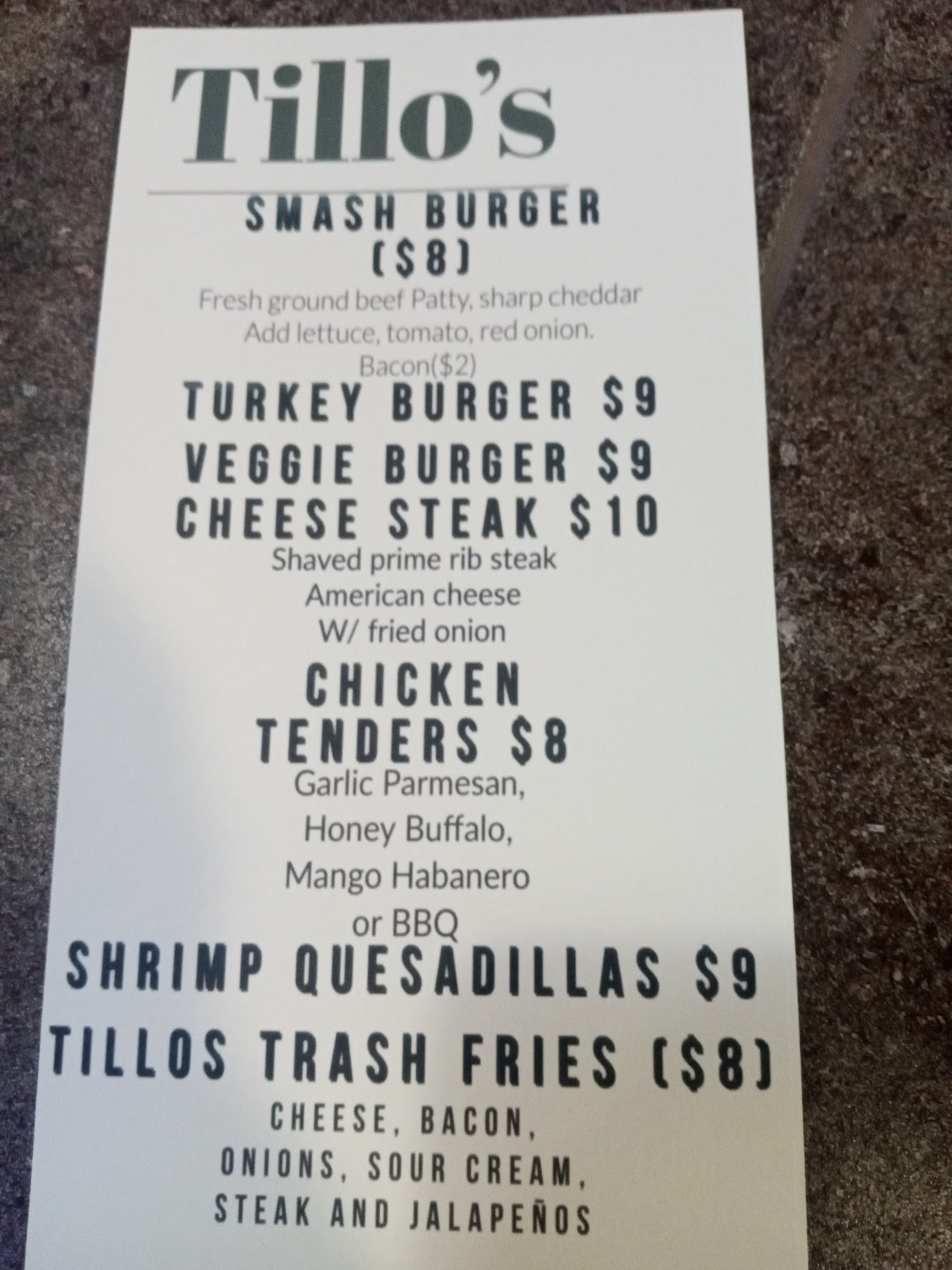 Steve's Tavern Menu