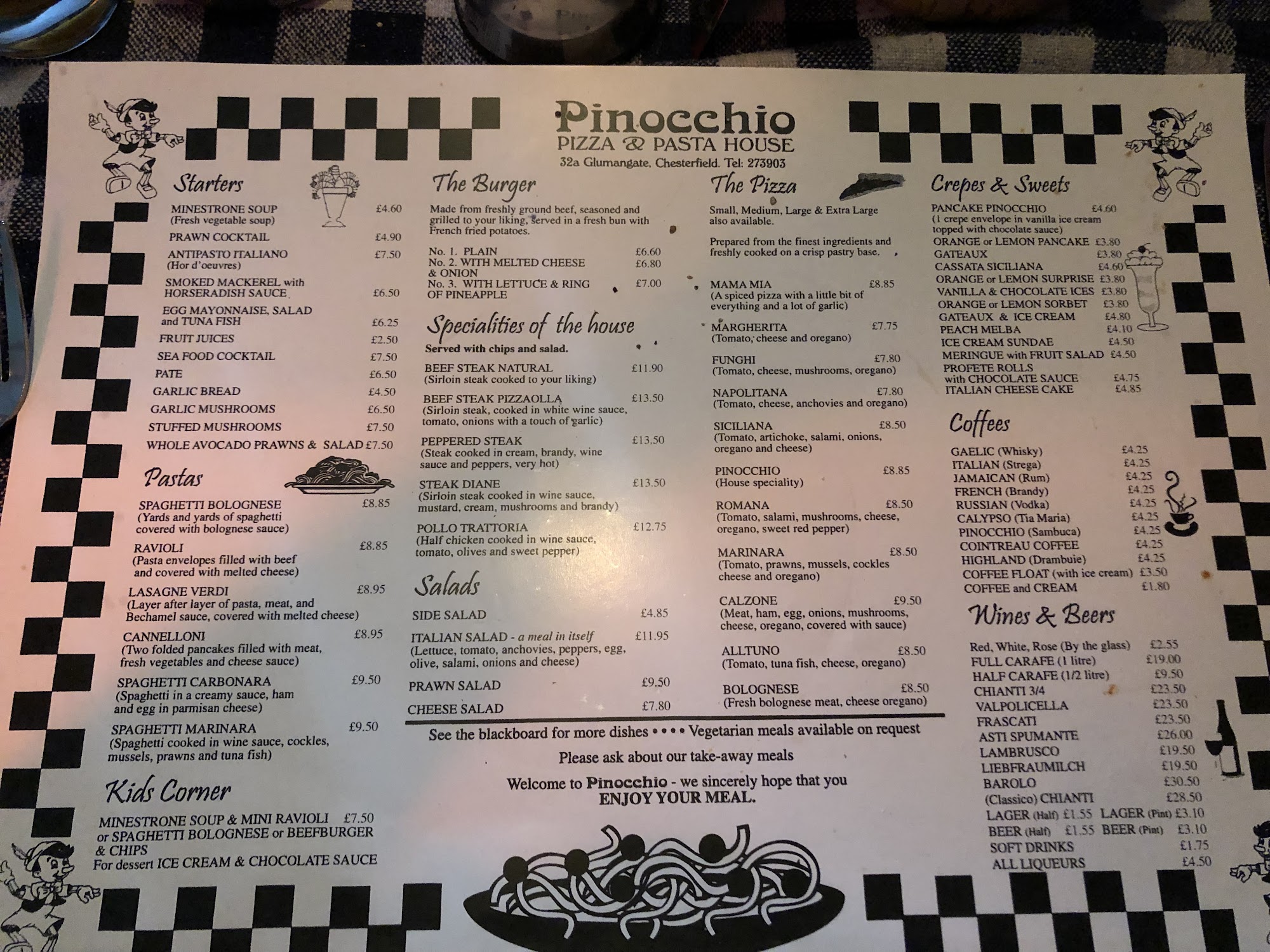 Pinocchio House Menu