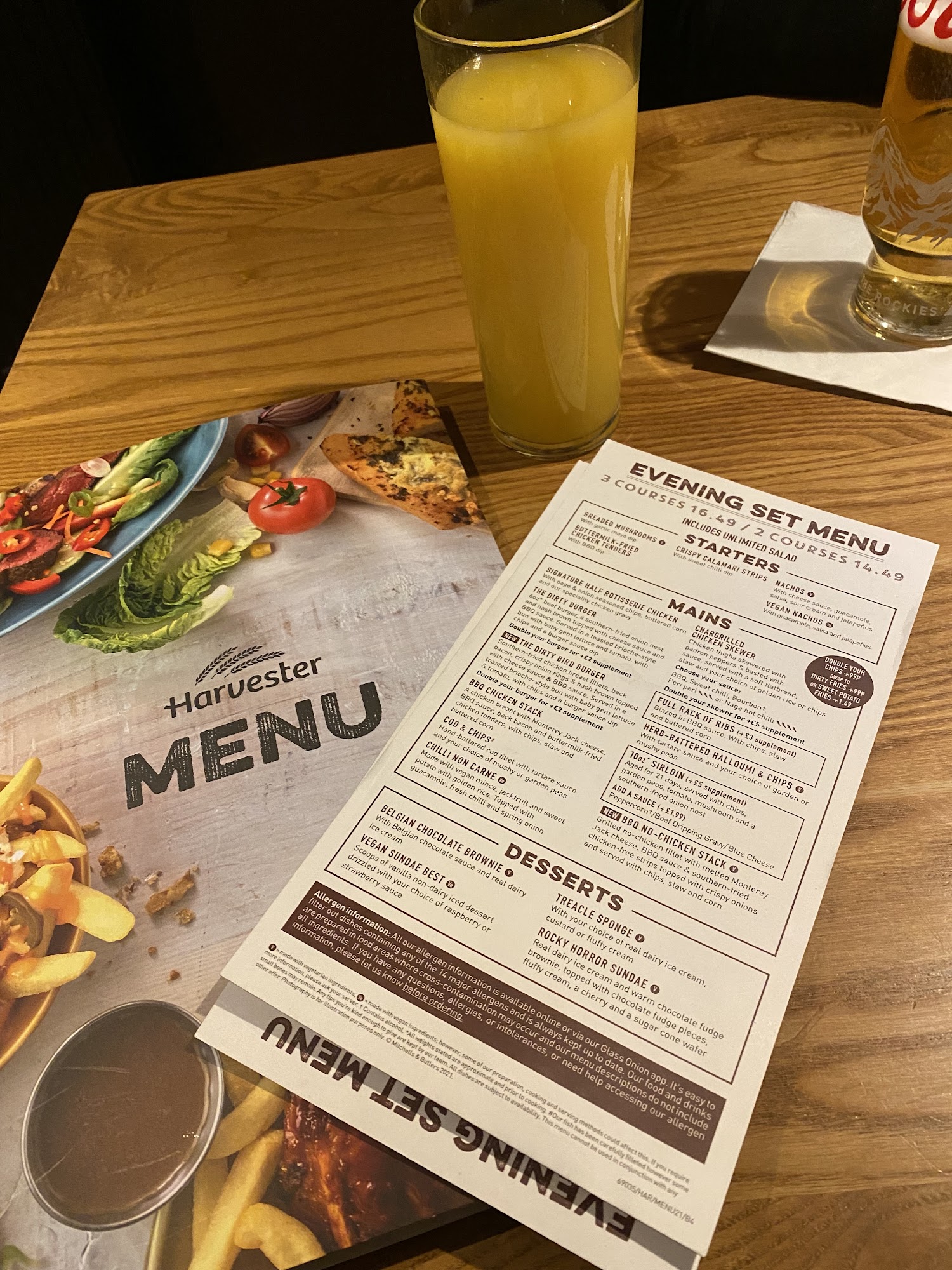 Pride Park Derby Menu