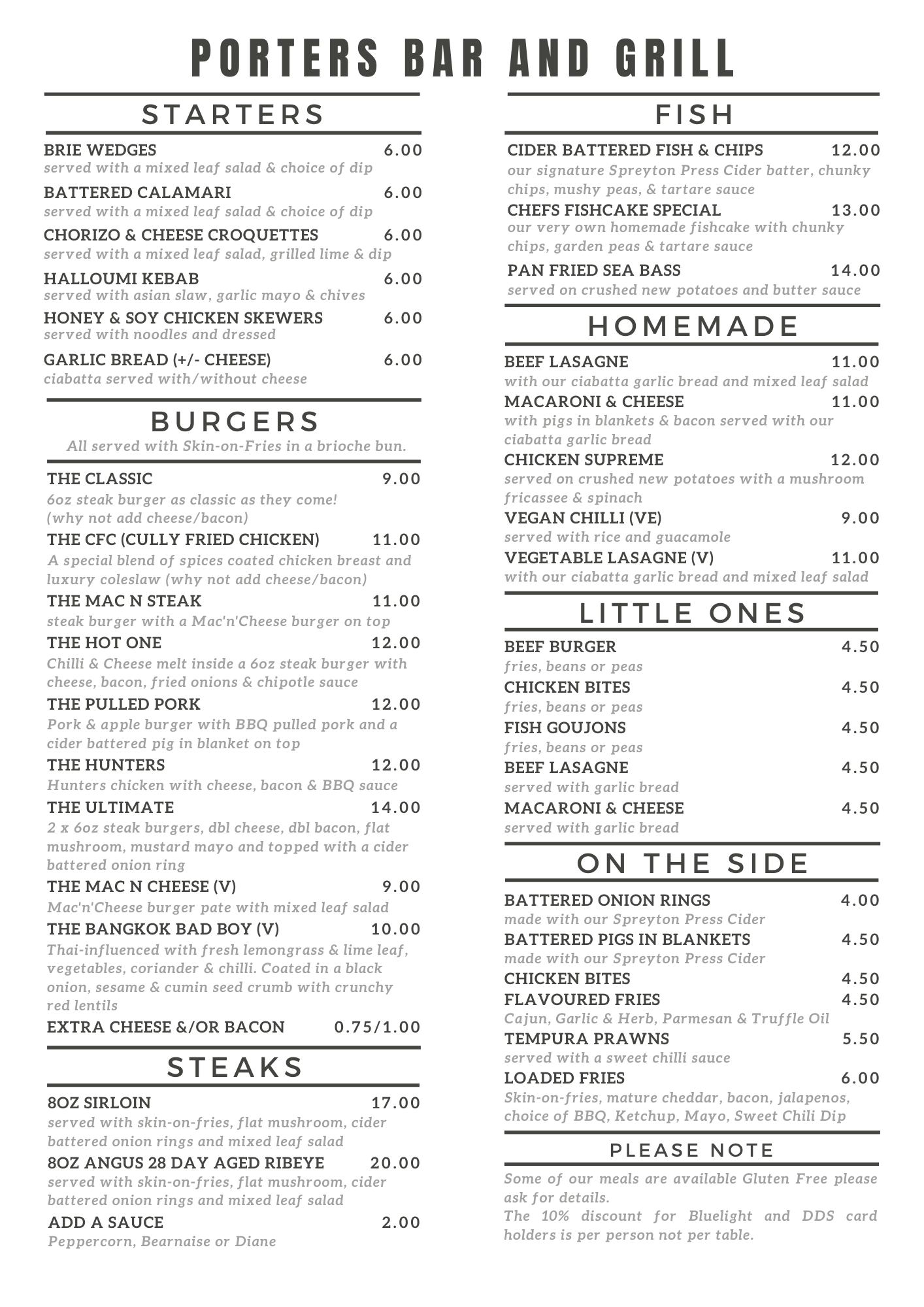Porters Bar & Grill Menu