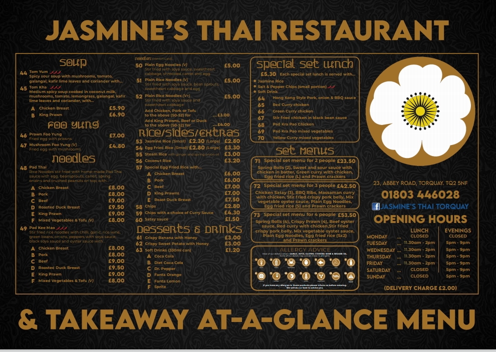 Jasmines Thai Restaurant and Takeaway Menu