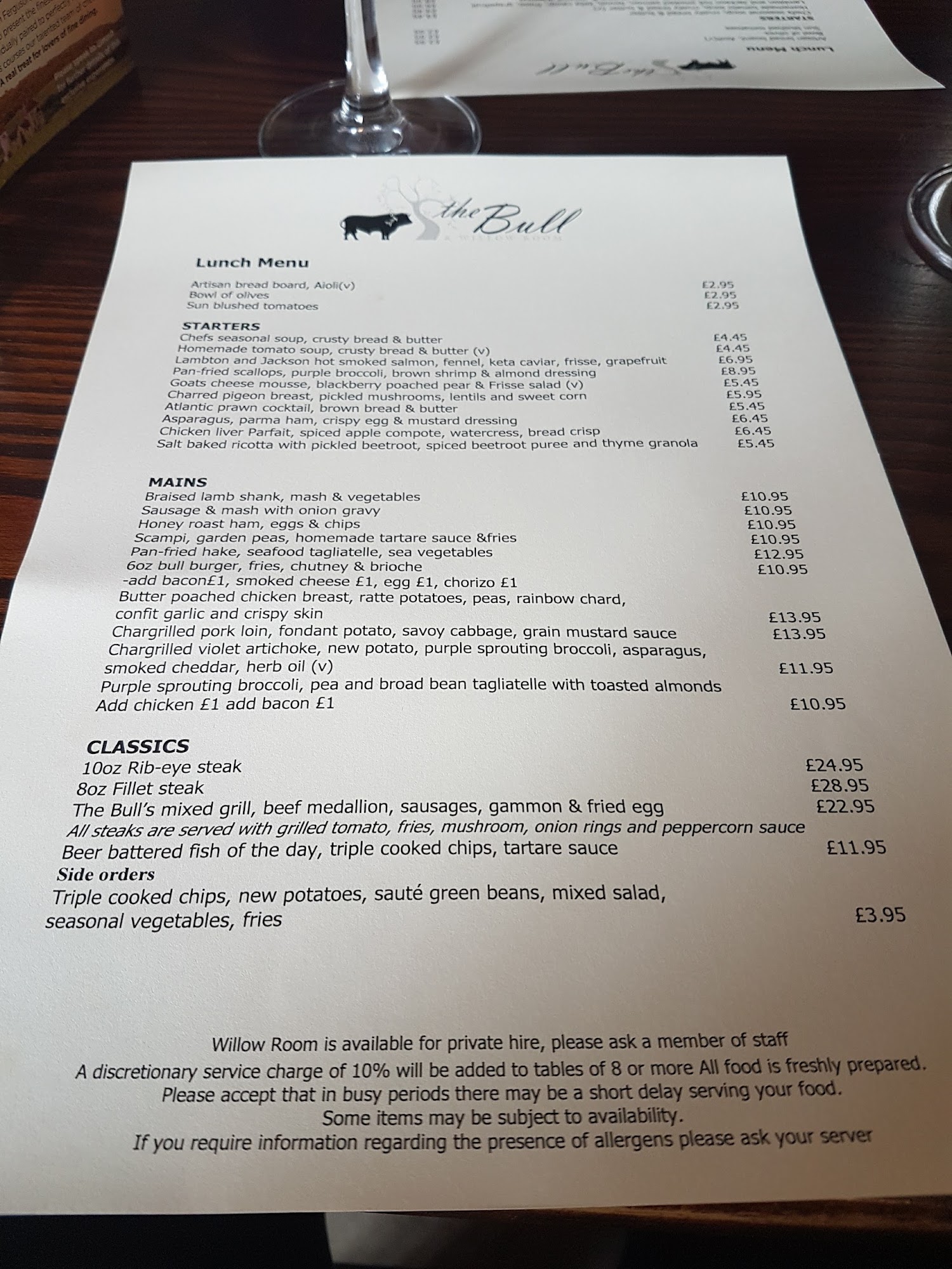 The Bull & Willow Room Menu