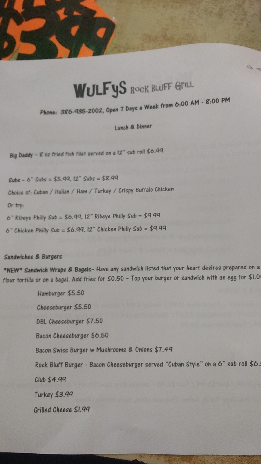 Moons Rock Bluff Menu