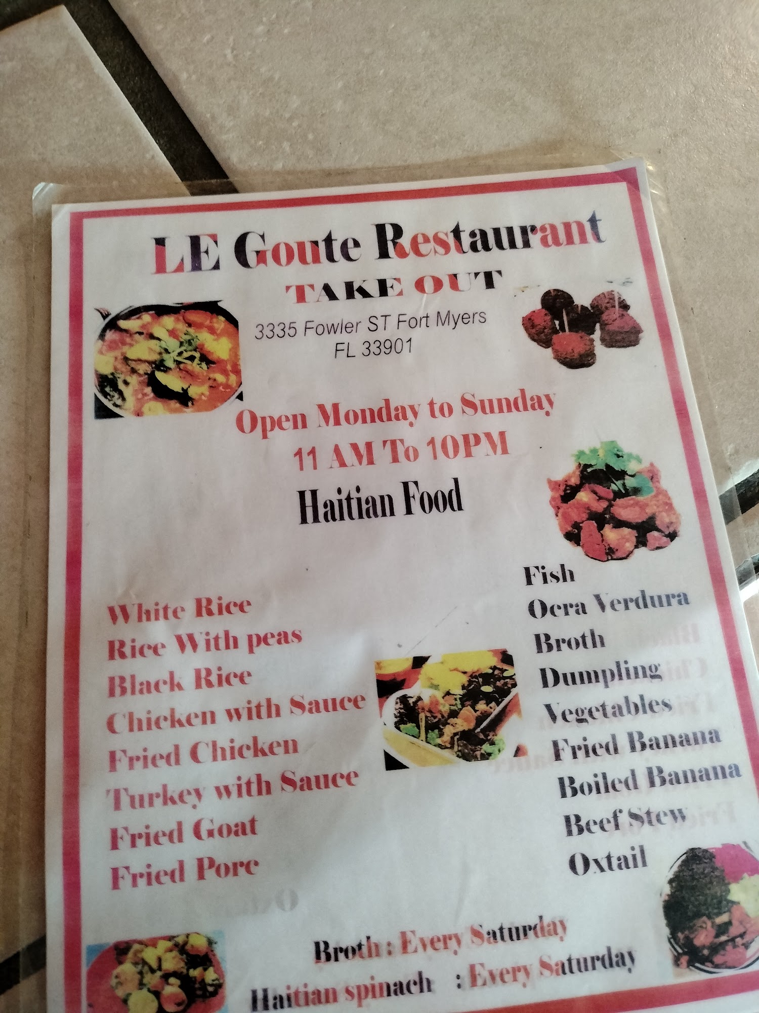 Le Goute Take Out Menu