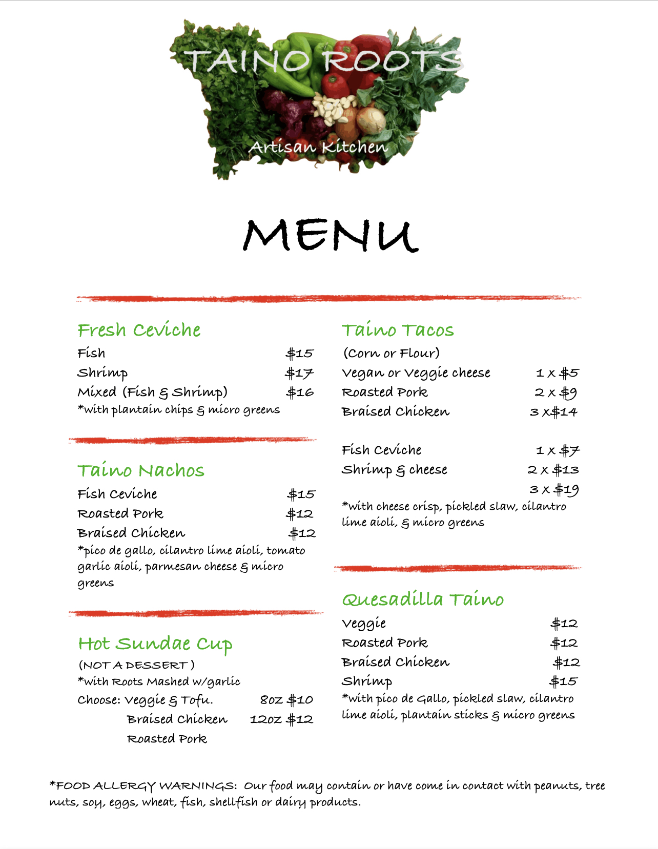 Taino Roots Artisan Kitchen Menu