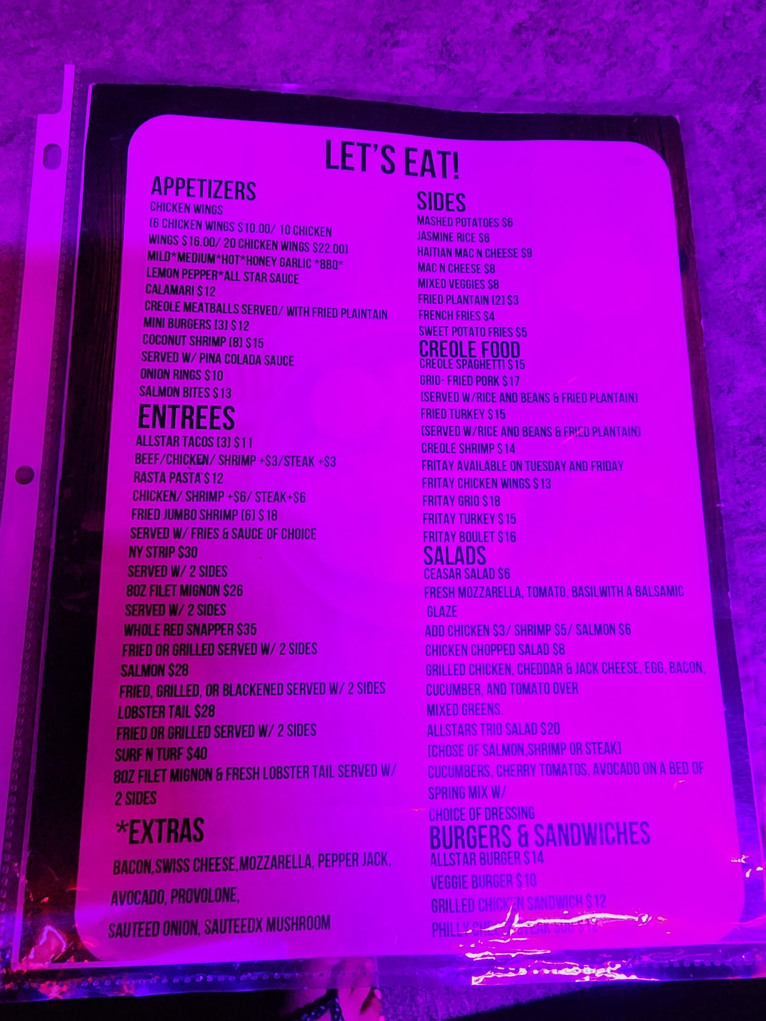 All Stars Bar and Lounge Menu