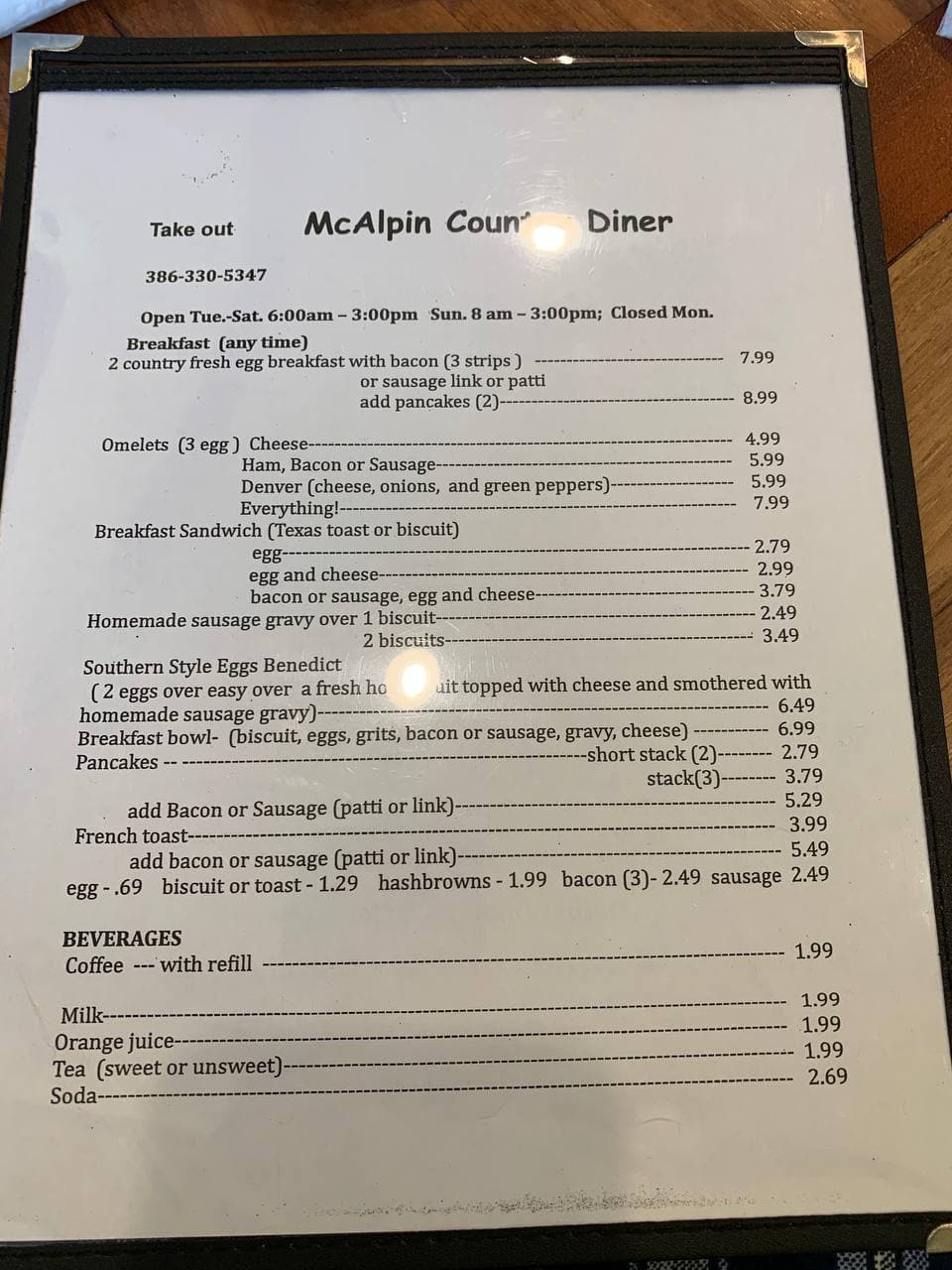 McAlpin Country Diner Menu
