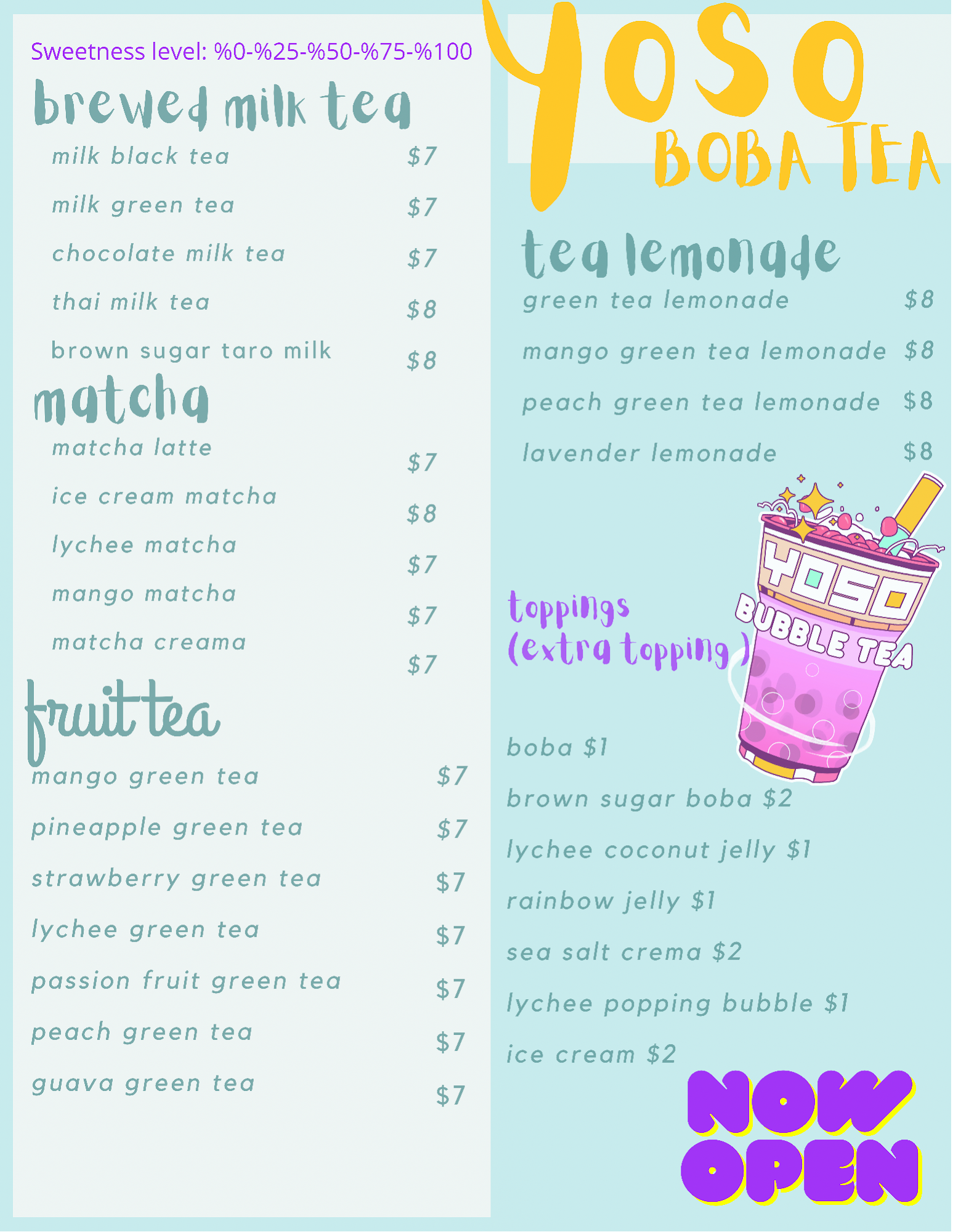 Yoso Boba Tea Menu