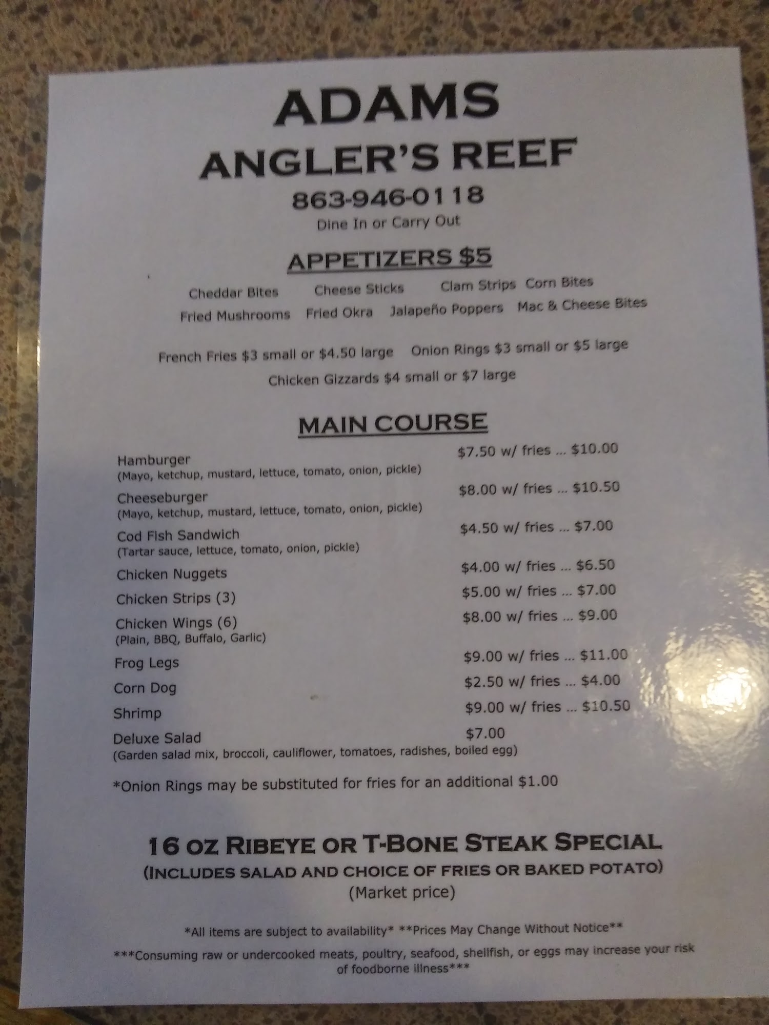 Adam's Anglers Reef Pkg & Lng Menu