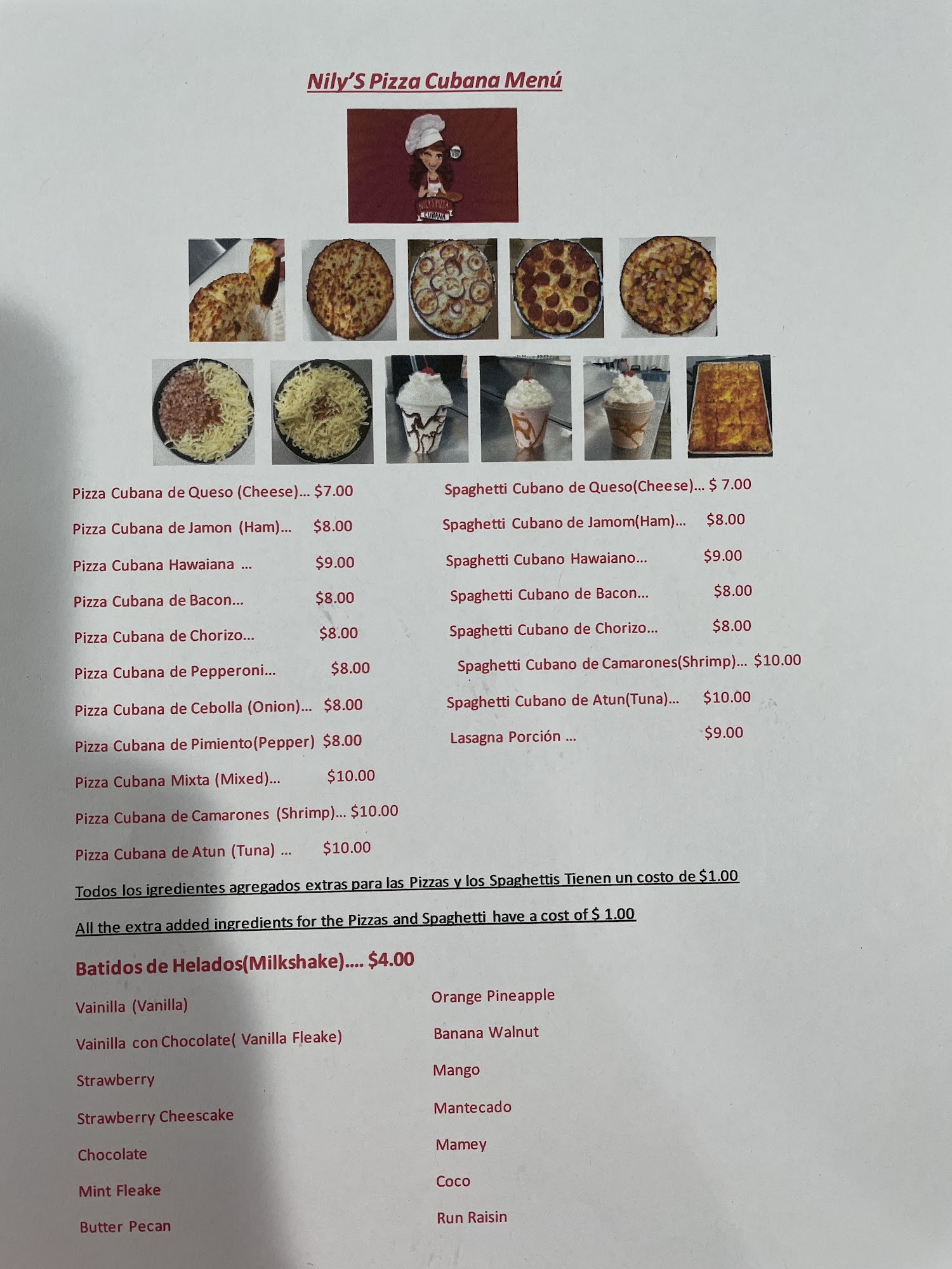 Nily’S Pizza Cubana Menu