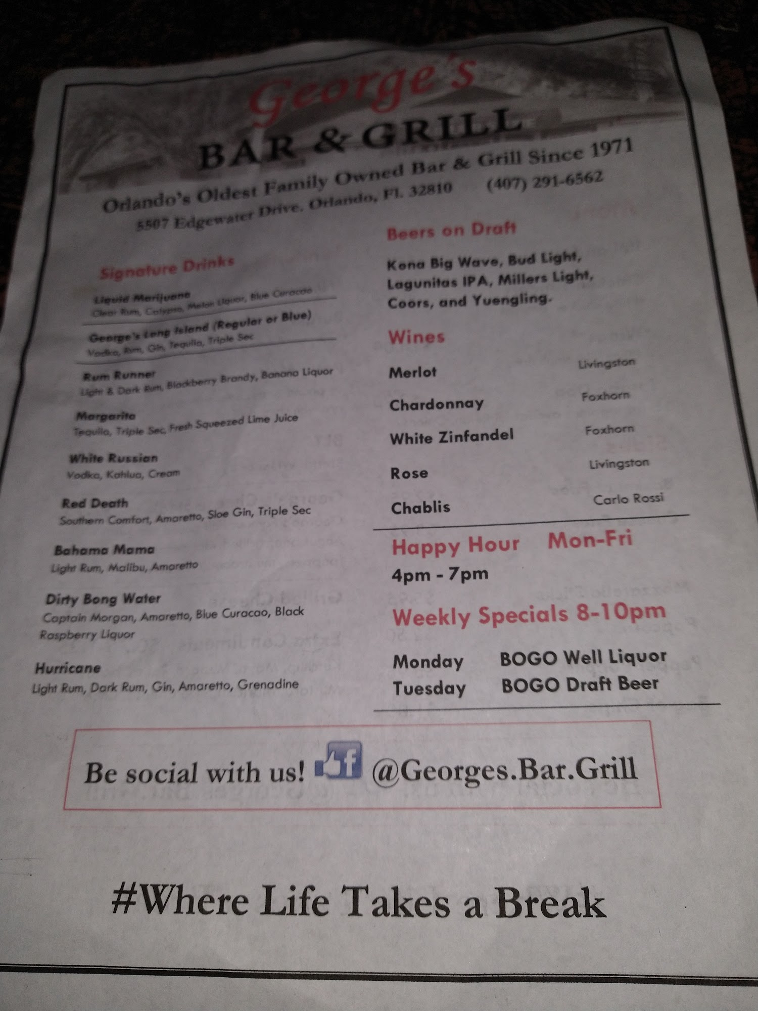 George’s Hideaway Menu