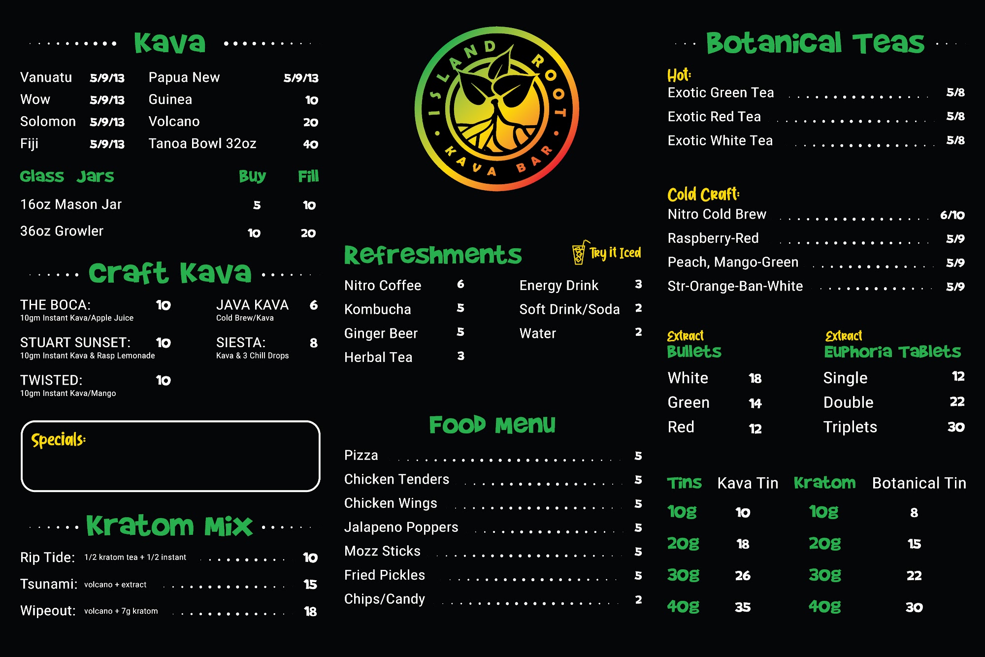 Island Root Kava Bar Port Saint Lucie Menu