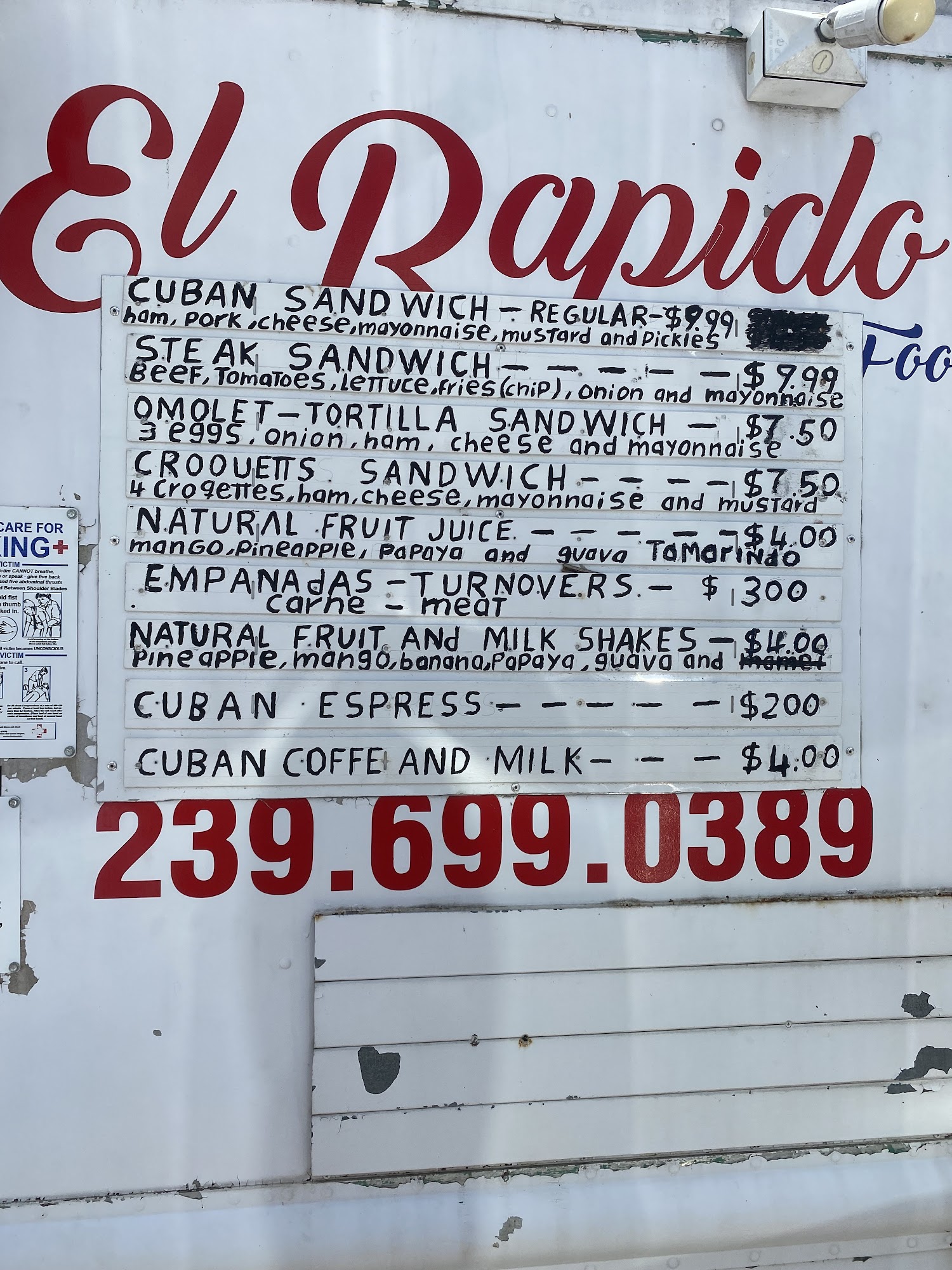 El Rapido Cuban Food Truck Menu