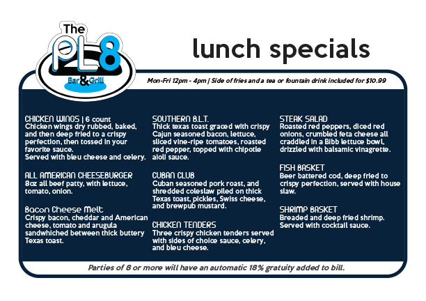 The PL8 Bar & Grill Menu