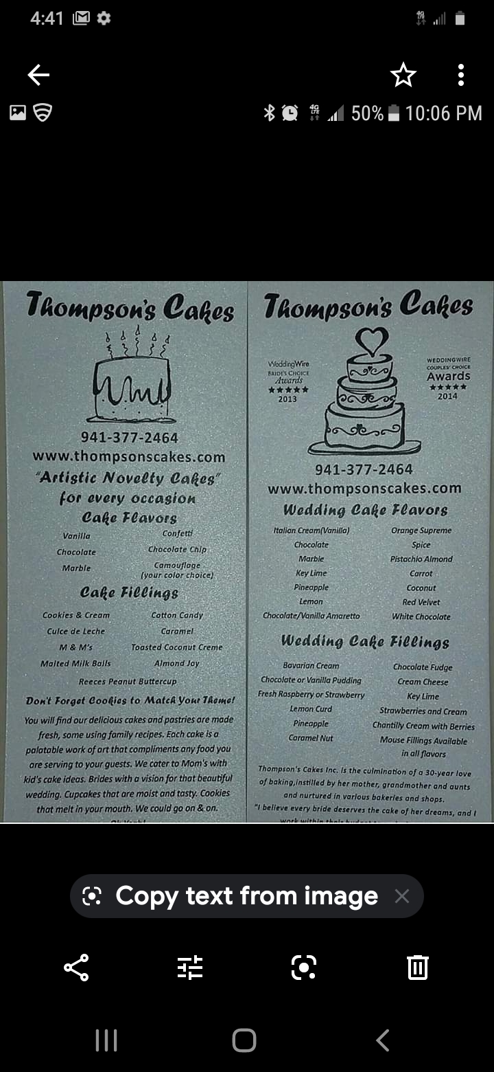 Thompson's Cakes Inc Menu