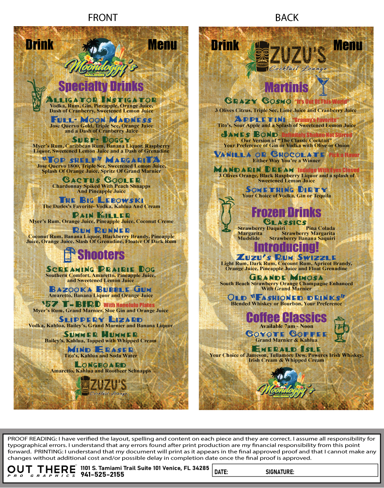 Moondoggy's Saloon & Zuzu's Cocktail Lounge Menu