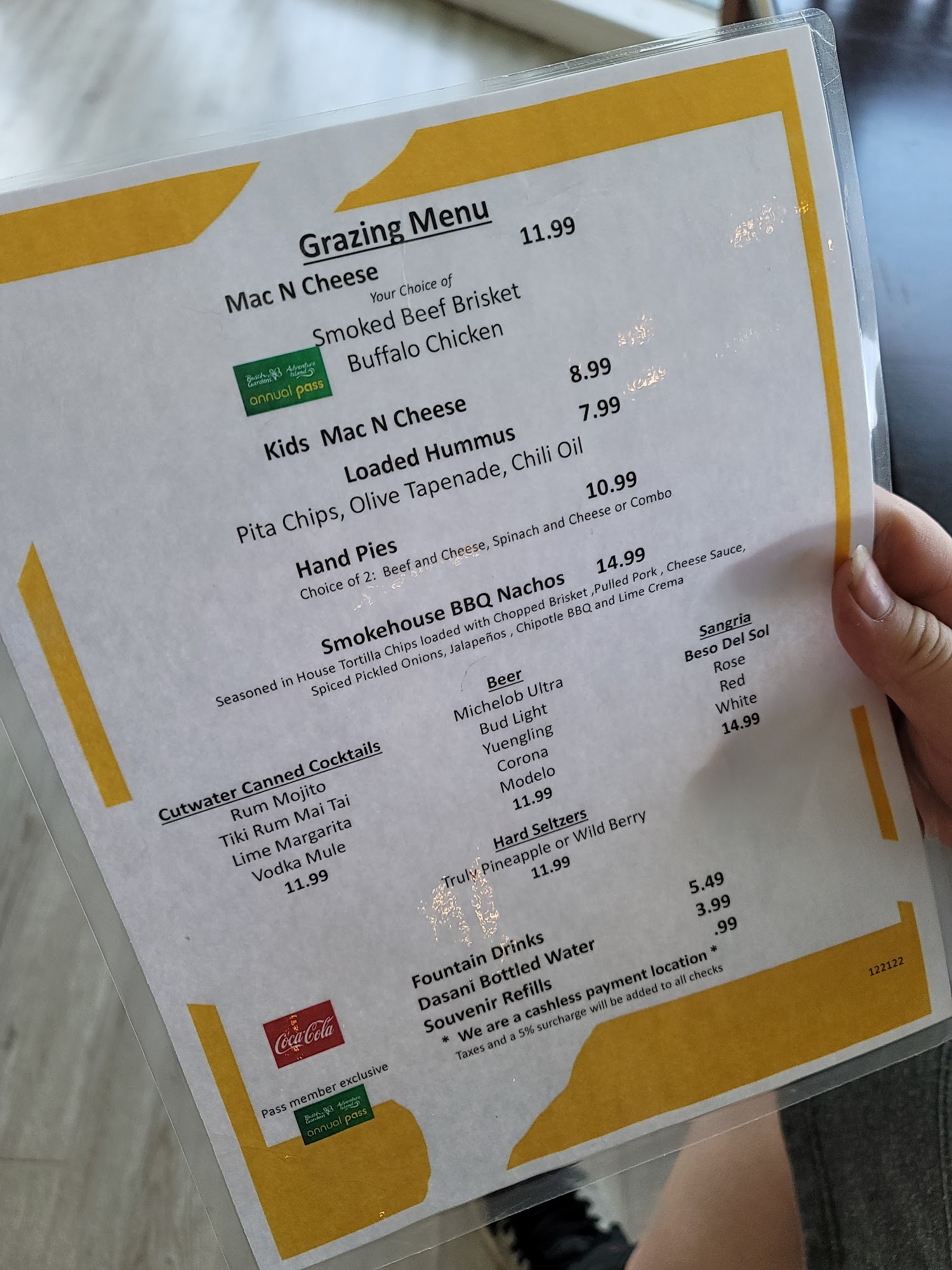 Busch Gardens Tampa Passholders Lodge Menu