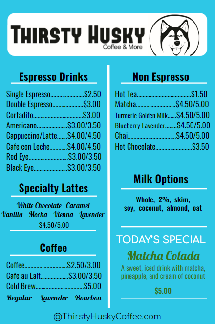Thirsty Husky Coffee Menu
