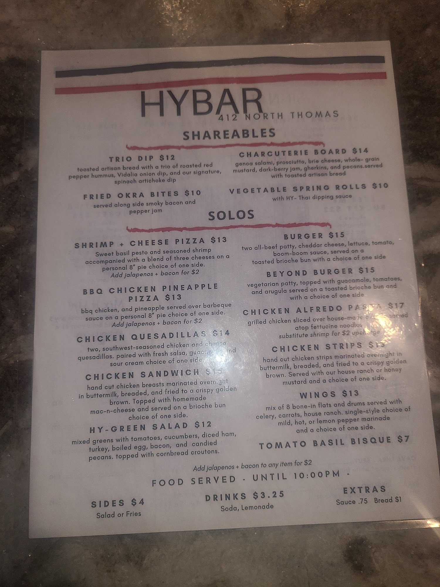 HYBAR Menu