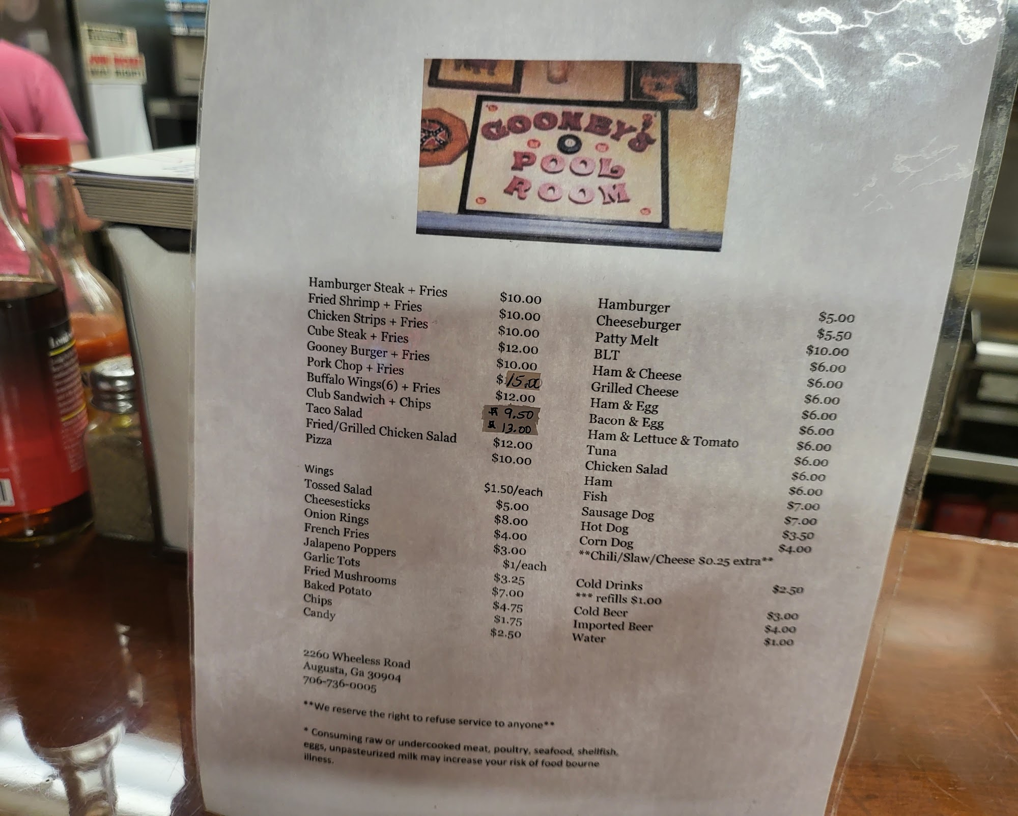 Gooney's Billiard & Grill Menu