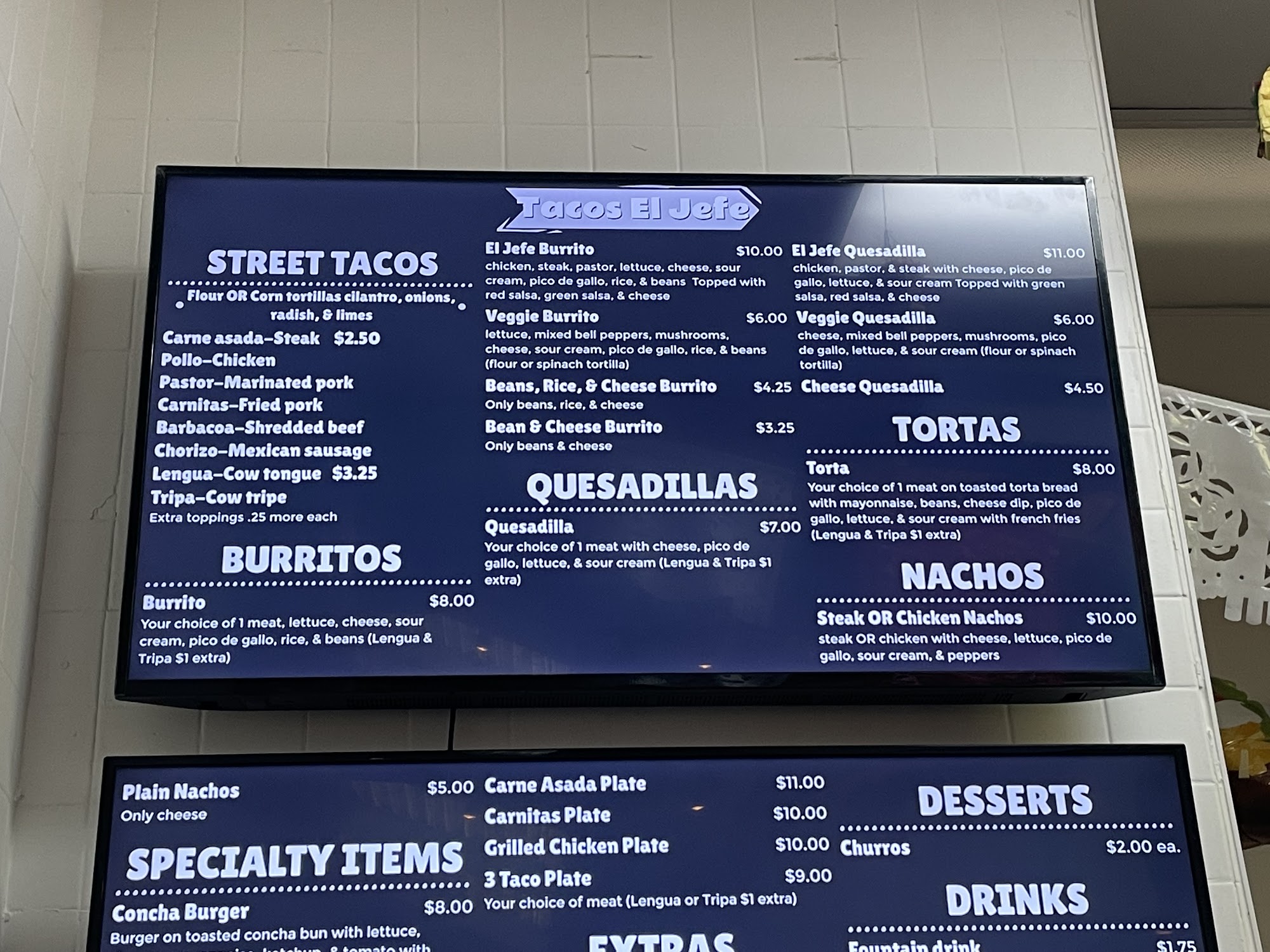 Tacos el Jefe Taqueria Menu