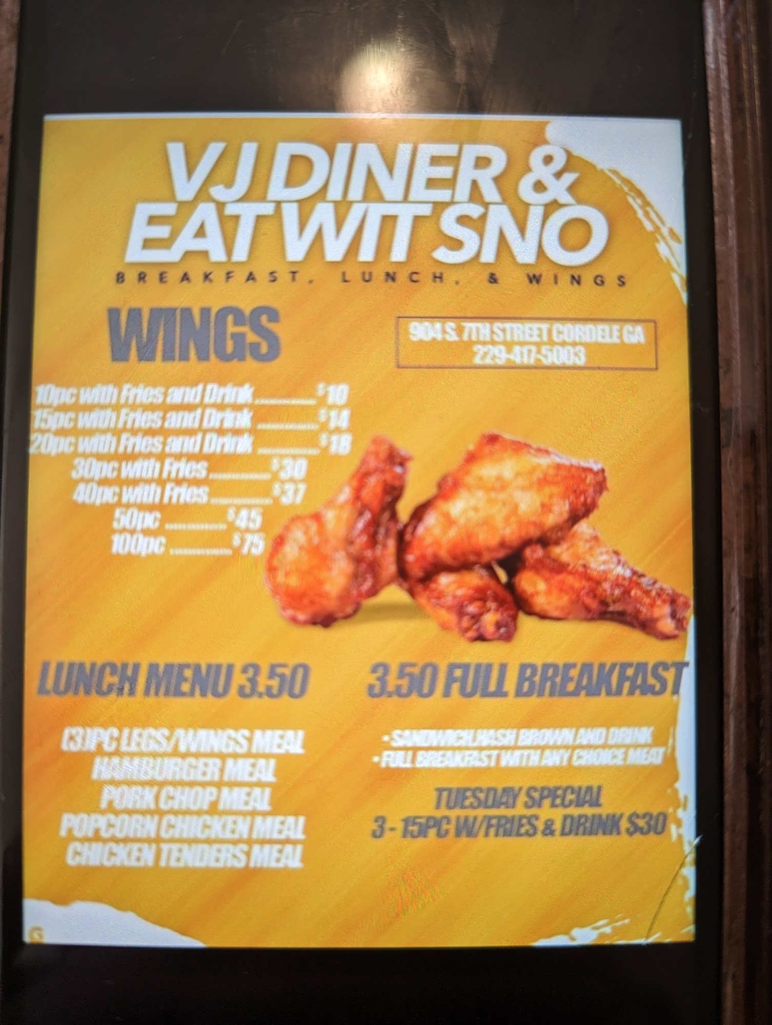 VJ's Diner Menu