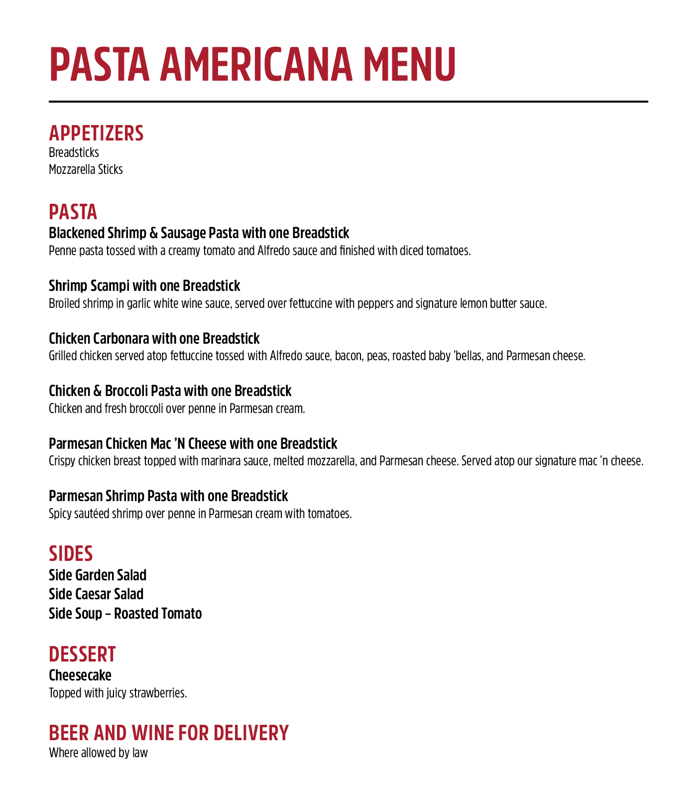 Pasta Americana Menu